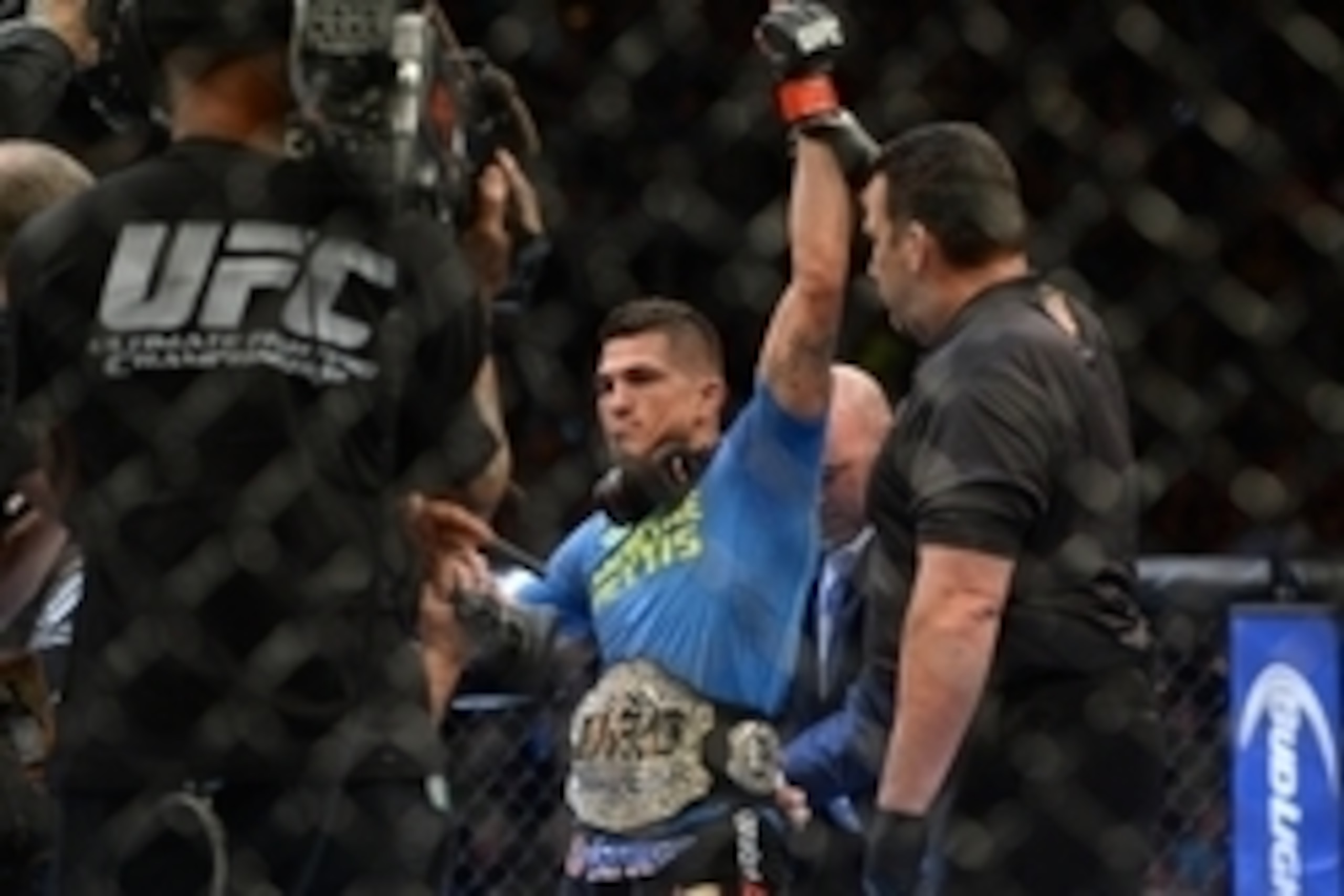 Dec 6, 2014; Las Vegas, NV, USA; Anthony Pettis (red) defeats Gilbert Melendez (blue) during UFC 181 at Madalay Bay Events Center. Pettis won via second round submission. Mandatory Credit: Joe Camporeale-USA TODAY Sports