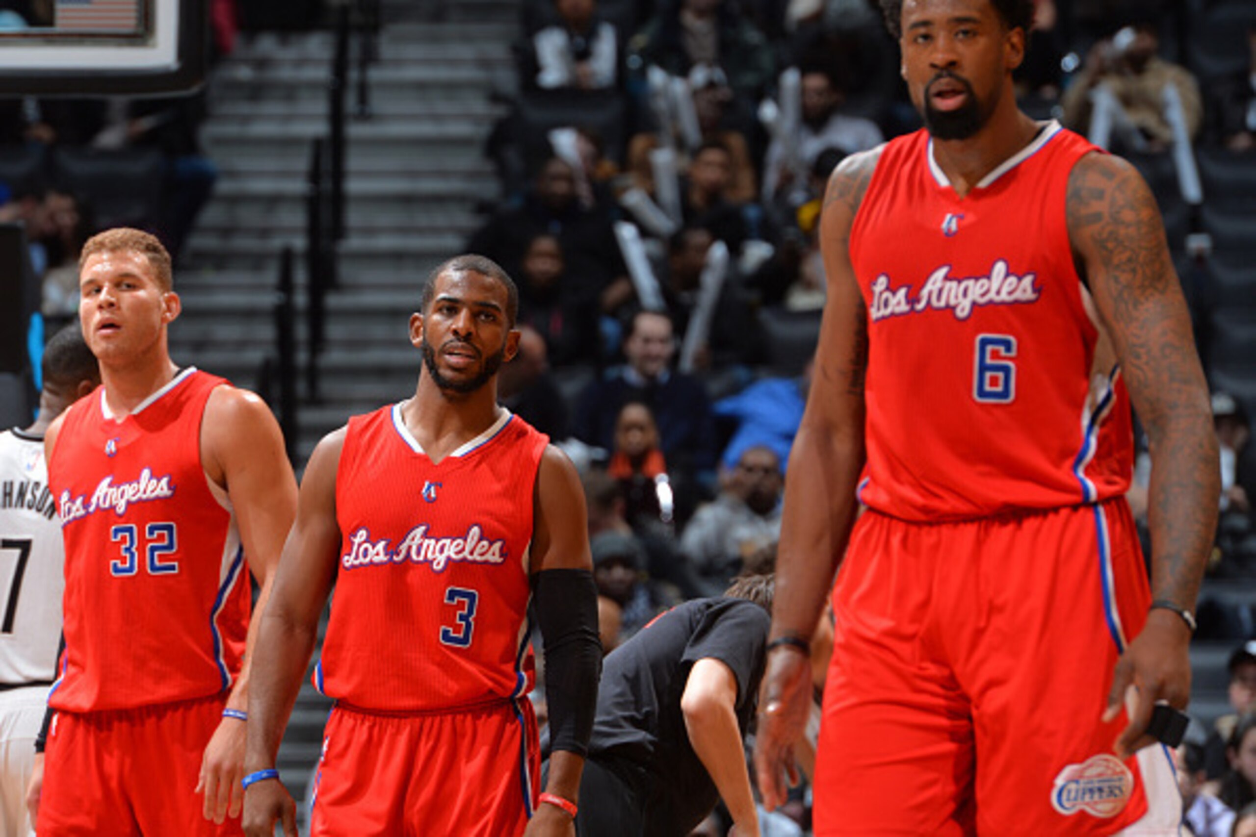 BROOKLYN, NY - FEBRUARY 2: DeAndre Jordan #6, Chris Paul #3 Blake Griffin #32 of the Los Angeles Clippers look on against the Brooklyn Nets at the Barclays Center on February 2,2015 in Brooklyn, NY NOTE TO USER: User expressly acknowledges and agrees that