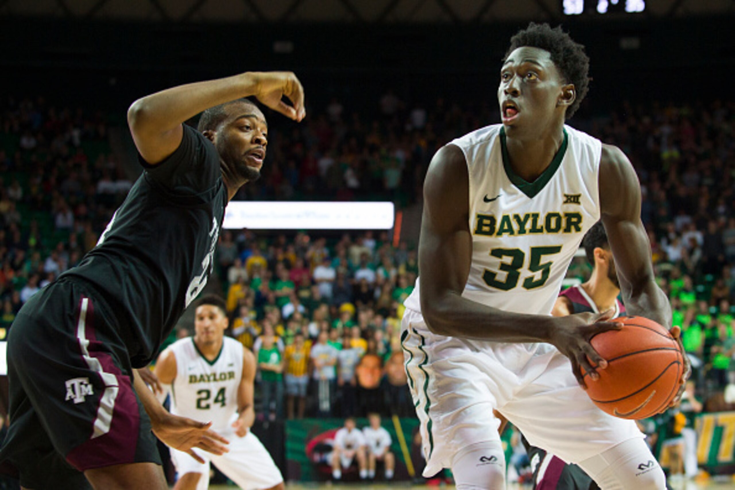 WACO, TX - DECEMBER 9:  Johnathan Motley #35 of the Baylor Bears drives to the basket against the Texas A&M Aggies on December 9, 2014 at the Ferrell Center in Waco, Texas.  (Photo by Cooper Neill/Getty Images)