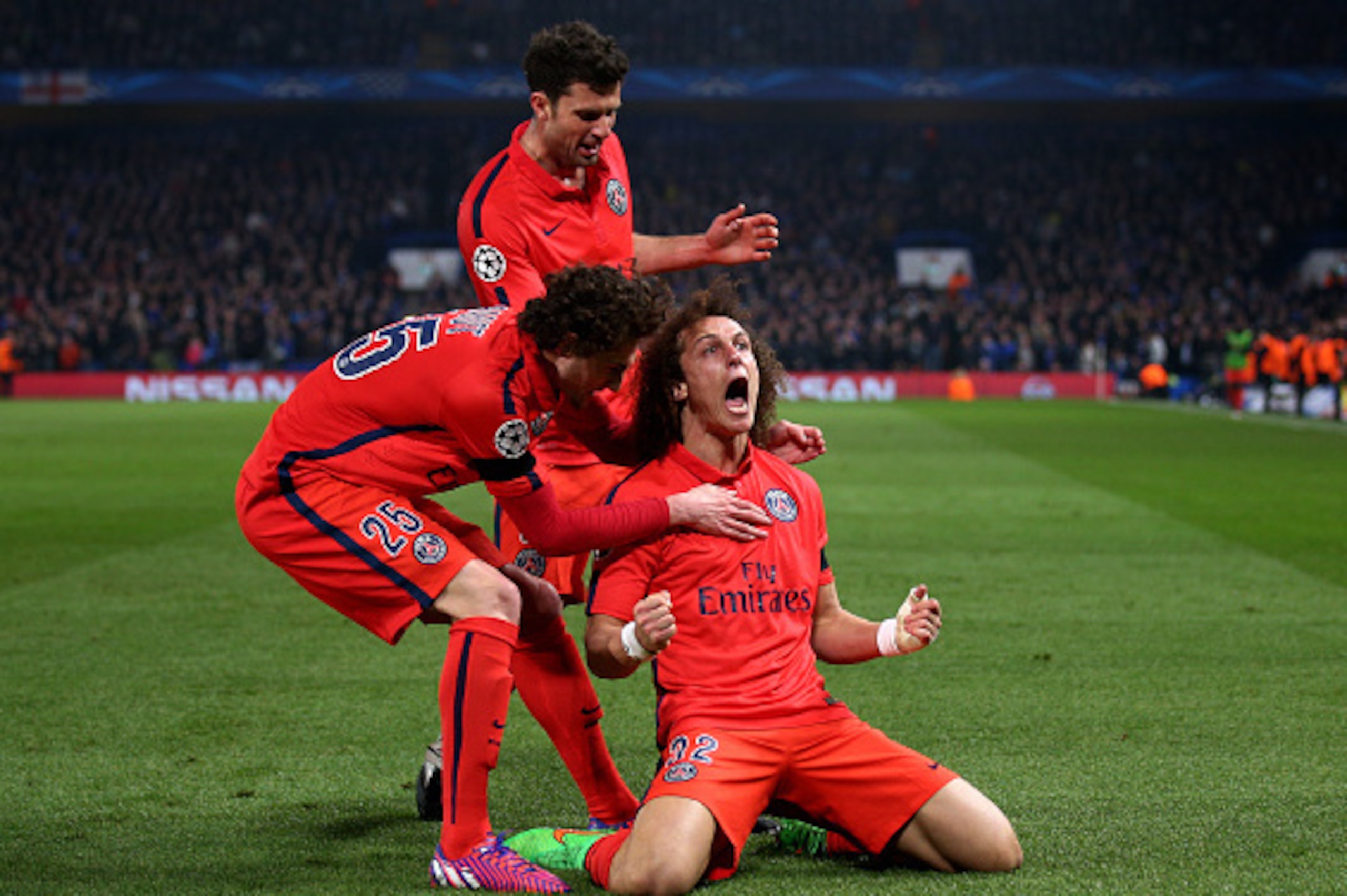 LONDON, ENGLAND - MARCH 11:  David Luiz of PSG celebrates after scoring a goal to level the scores at 1-1 during the UEFA Champions League Round of 16, second leg match between Chelsea and Paris Saint-Germain at Stamford Bridge on March 11, 2015 in London