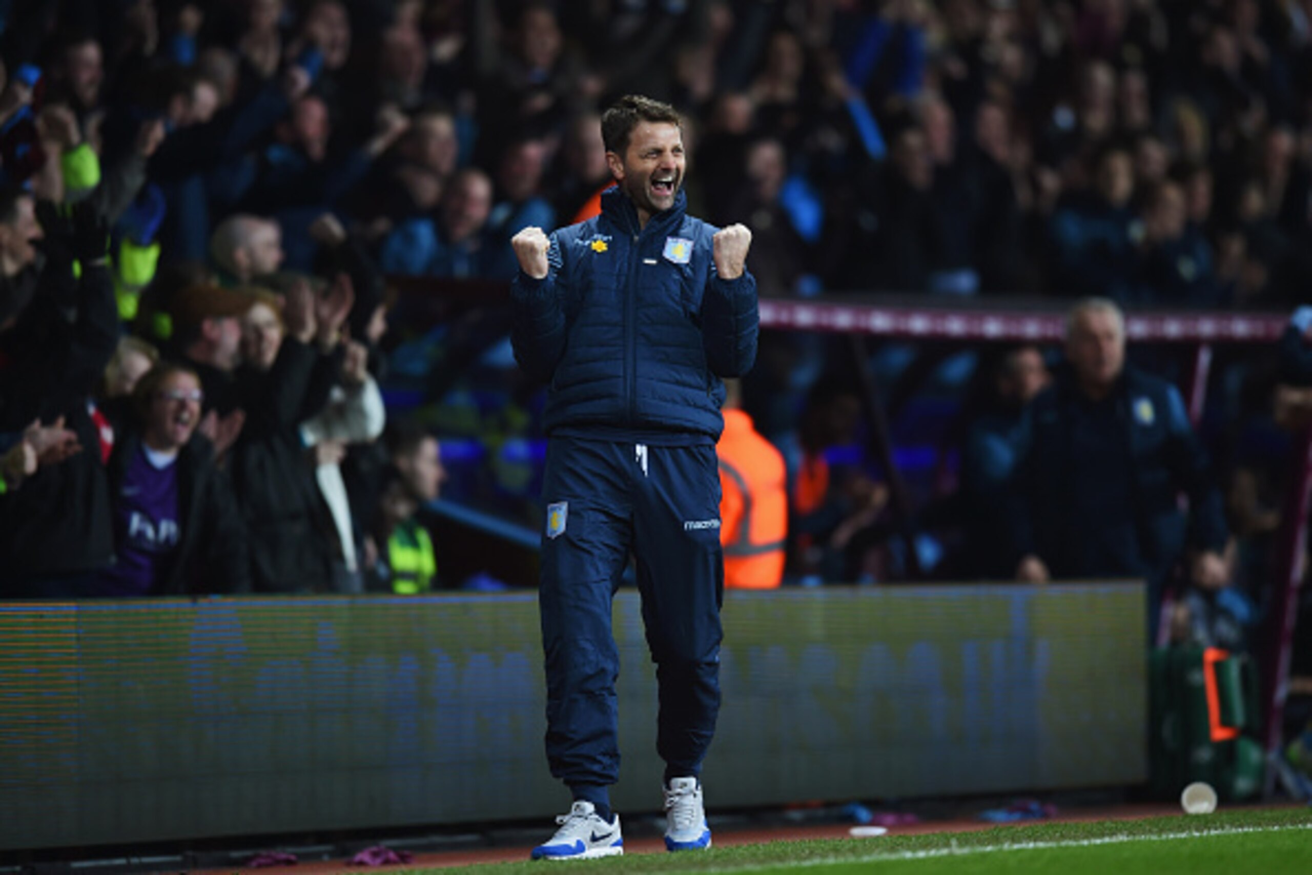 BIRMINGHAM, ENGLAND - MARCH 07:  Tim Sherwood manager of Aston Villa celebrates as Scott Sinclair of Aston Villa scores their second goal during the FA Cup Quarter Final match between Aston Villa and West Bromwich Albion at Villa Park on March 7, 2015 in 