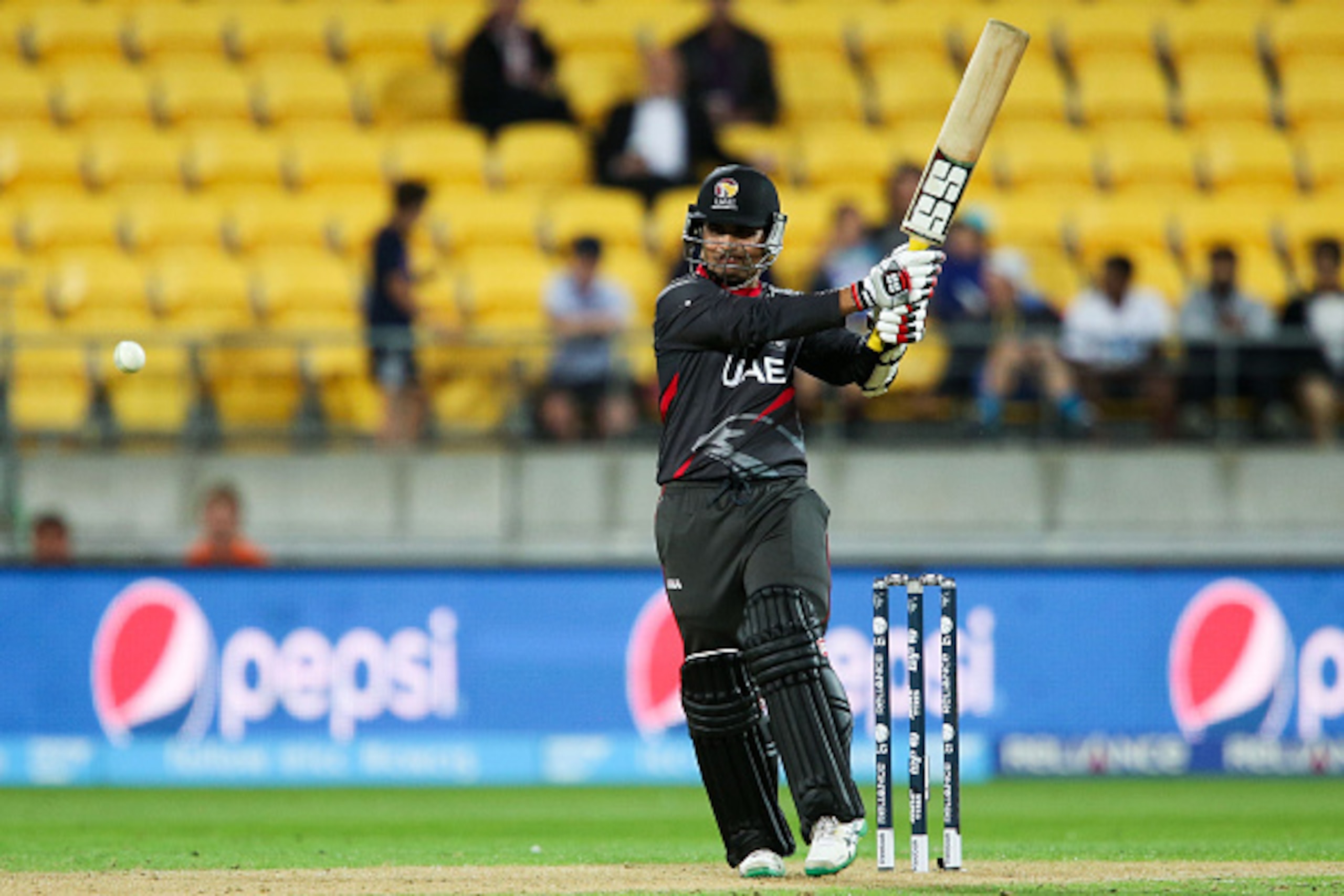 WELLINGTON, NEW ZEALAND - MARCH 12:  Shaiman Anwar of the United Arab Emirates bats during the 2015 ICC Cricket World Cup match between South Africa and the United Arab Emirates at Wellington Regional Stadium on March 12, 2015 in Wellington, New Zealand. 
