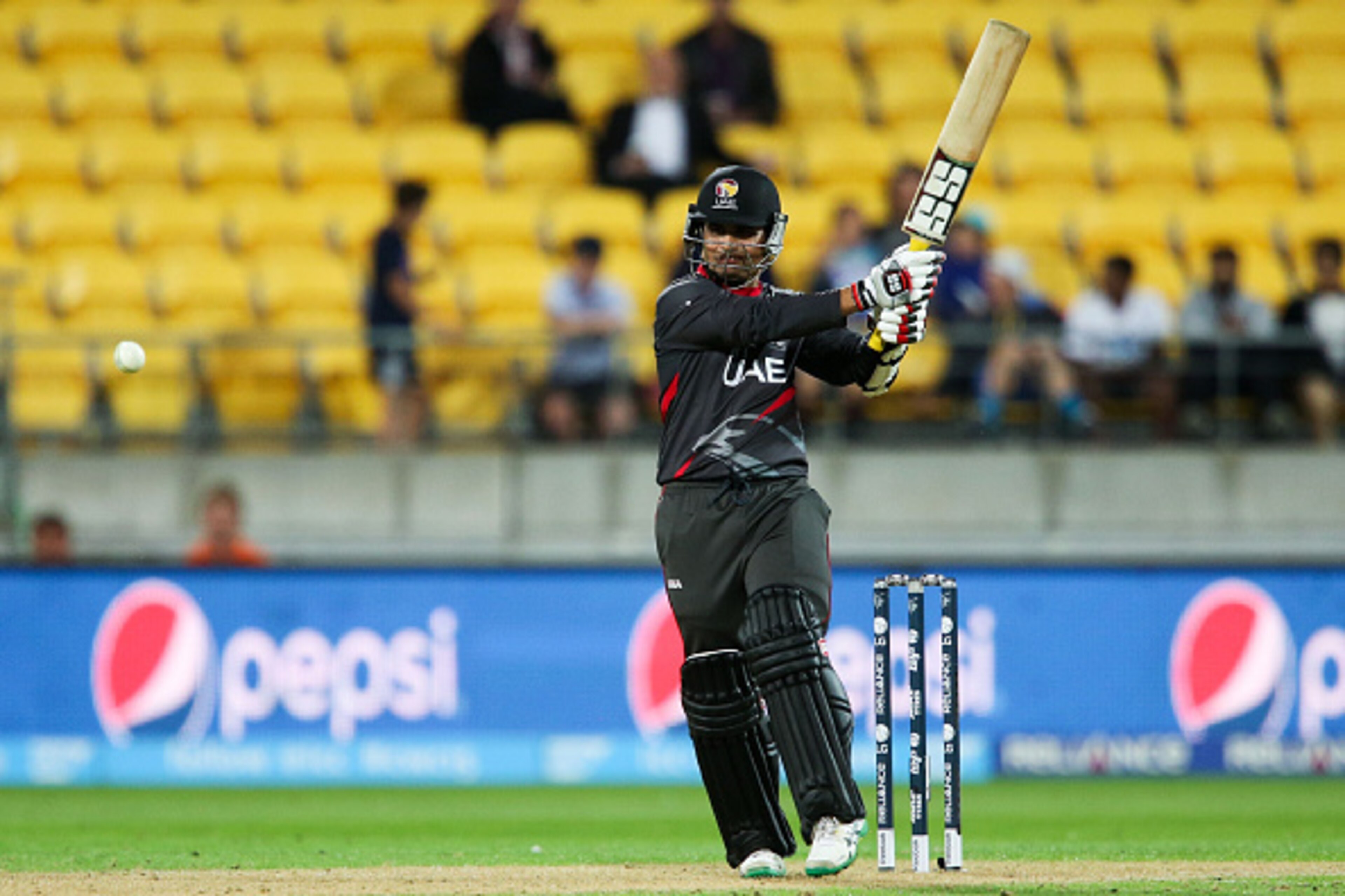 WELLINGTON, NEW ZEALAND - MARCH 12:  Shaiman Anwar of the United Arab Emirates bats during the 2015 ICC Cricket World Cup match between South Africa and the United Arab Emirates at Wellington Regional Stadium on March 12, 2015 in Wellington, New Zealand. 
