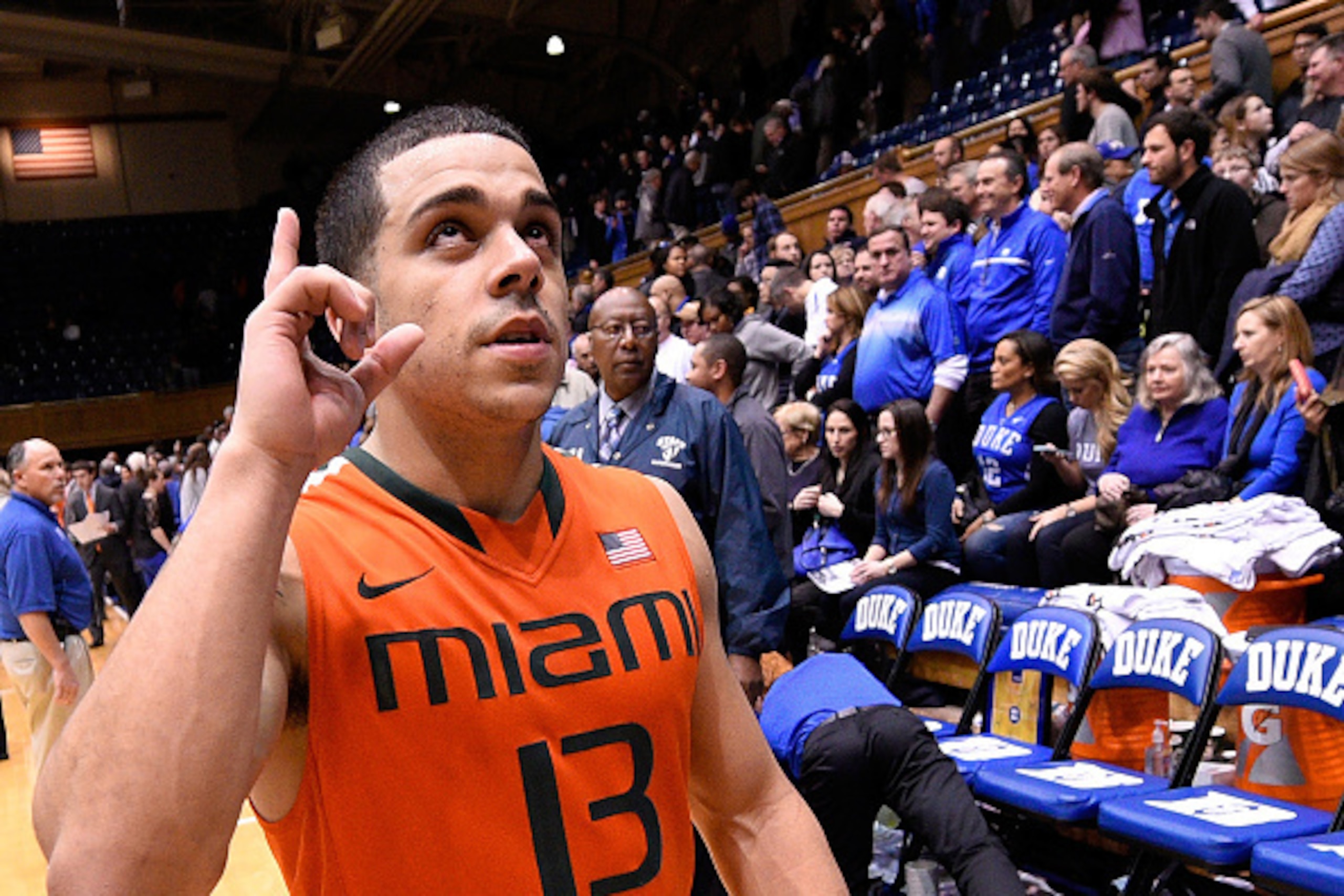 DURHAM, NC - JANUARY 13: Angel Rodriguez #13 of the Miami Hurricanes reacts as he leaves the floor after a win against the Duke Blue Devils at Cameron Indoor Stadium on January 13, 2015 in Durham, North Carolina. Miami won 90-74. (Photo by Grant Halvers DURHAM, NC - JANUARY 13: Angel Rodriguez #13 of the Miami Hurricanes reacts as he leaves the floor after a win against the Duke Blue Devils at Cameron Indoor Stadium on January 13, 2015 in Durham, North Carolina. Miami won 90-74. (Photo by Grant Halvers