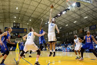 SANTA CRUZ, CA - JANUARY 16:   Walker Russell #0 of the Westchester Knicks puts up a shot over Sim Bhullar #44 of the Reno Bighorns during the 2015 NBA D-League Showcase presented by Samsung at the Kaiser Permanente Arena on January 16, 2015 in Santa Cruz