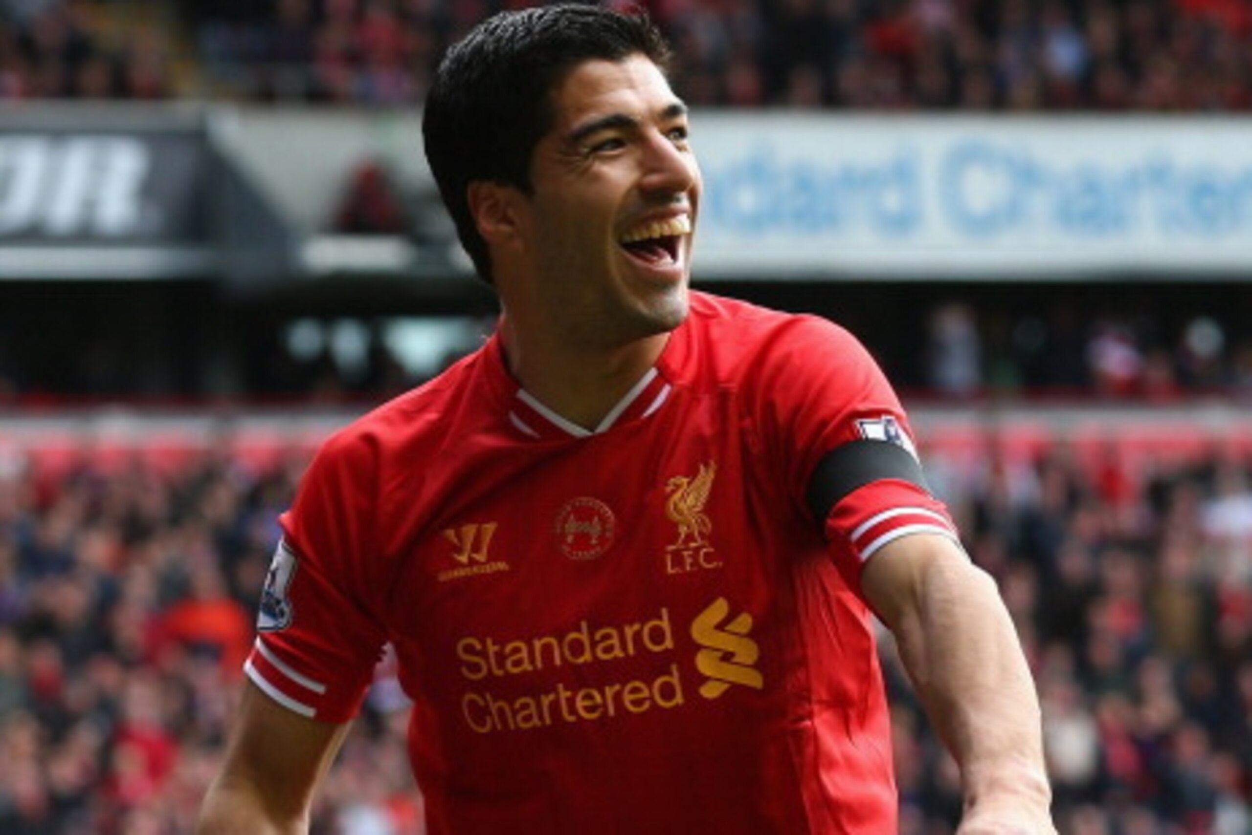 LIVERPOOL, ENGLAND - APRIL 13:  Luis Suarez of Liverpool reacts during the Barclays Premier League match between Liverpool and Manchester City at Anfield on April 13, 2014 in Liverpool, England.  (Photo by Alex Livesey/Getty Images)