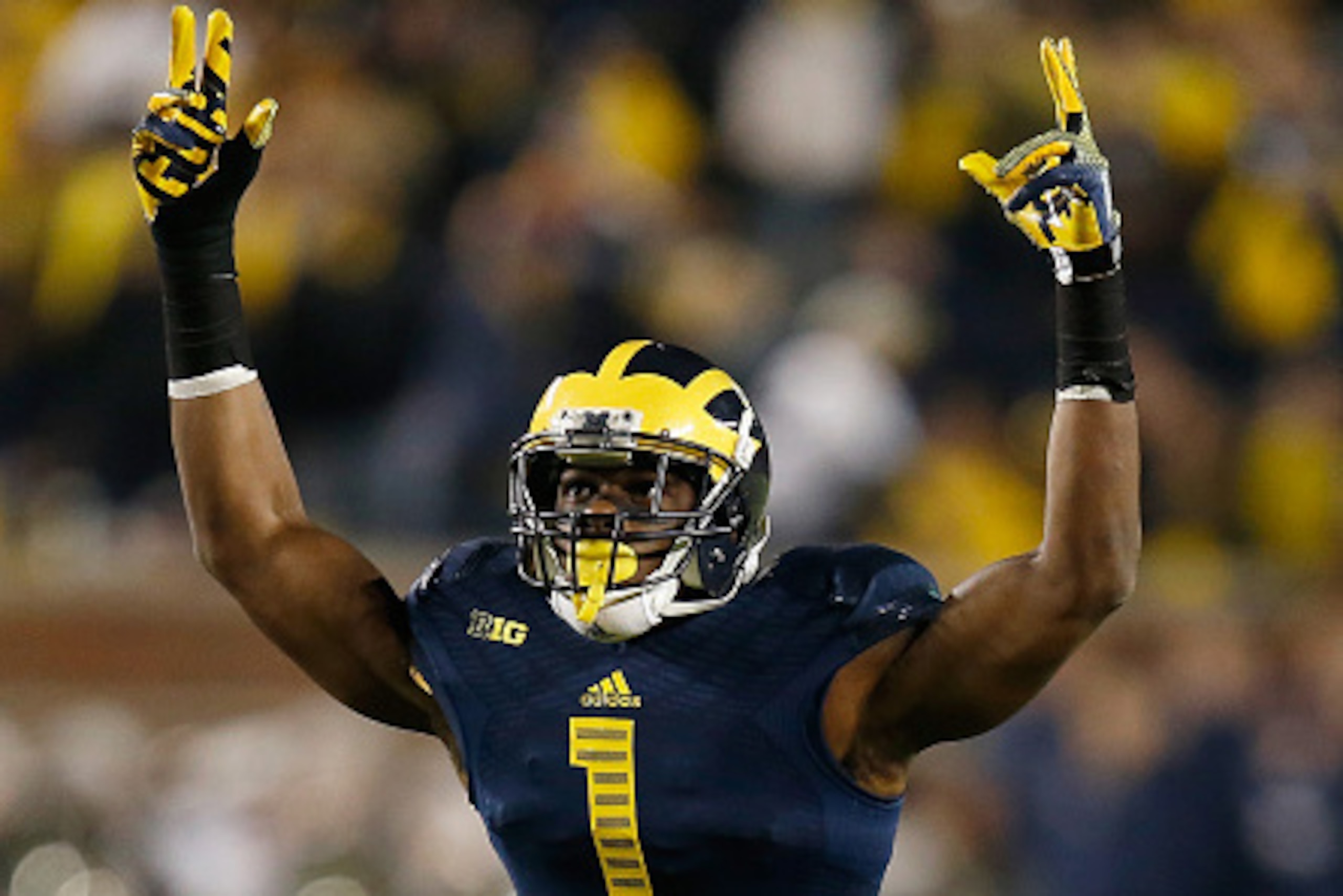 ANN ARBOR, MI - OCTOBER 11:  Devin Funchess #1 of the Michigan Wolverines celebrates a 18-13 win over the Penn State Nittany Lions on October 11, 2014 at Michigan Stadium in Ann Arbor, Michigan.  (Photo by Gregory Shamus/Getty Images)