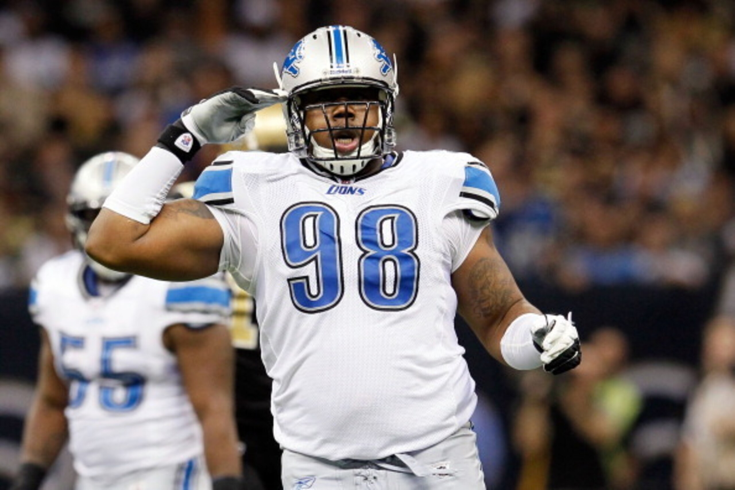 NEW ORLEANS, LA - JANUARY 07:   Nick Fairley #98 of the Detroit Lions reacts after a fumble in the second quarter by Drew Brees #9 of the New Orleans Saints in the during their 2012 NFC Wild Card Playoff game at Mercedes-Benz Superdome on January 7, 2012 