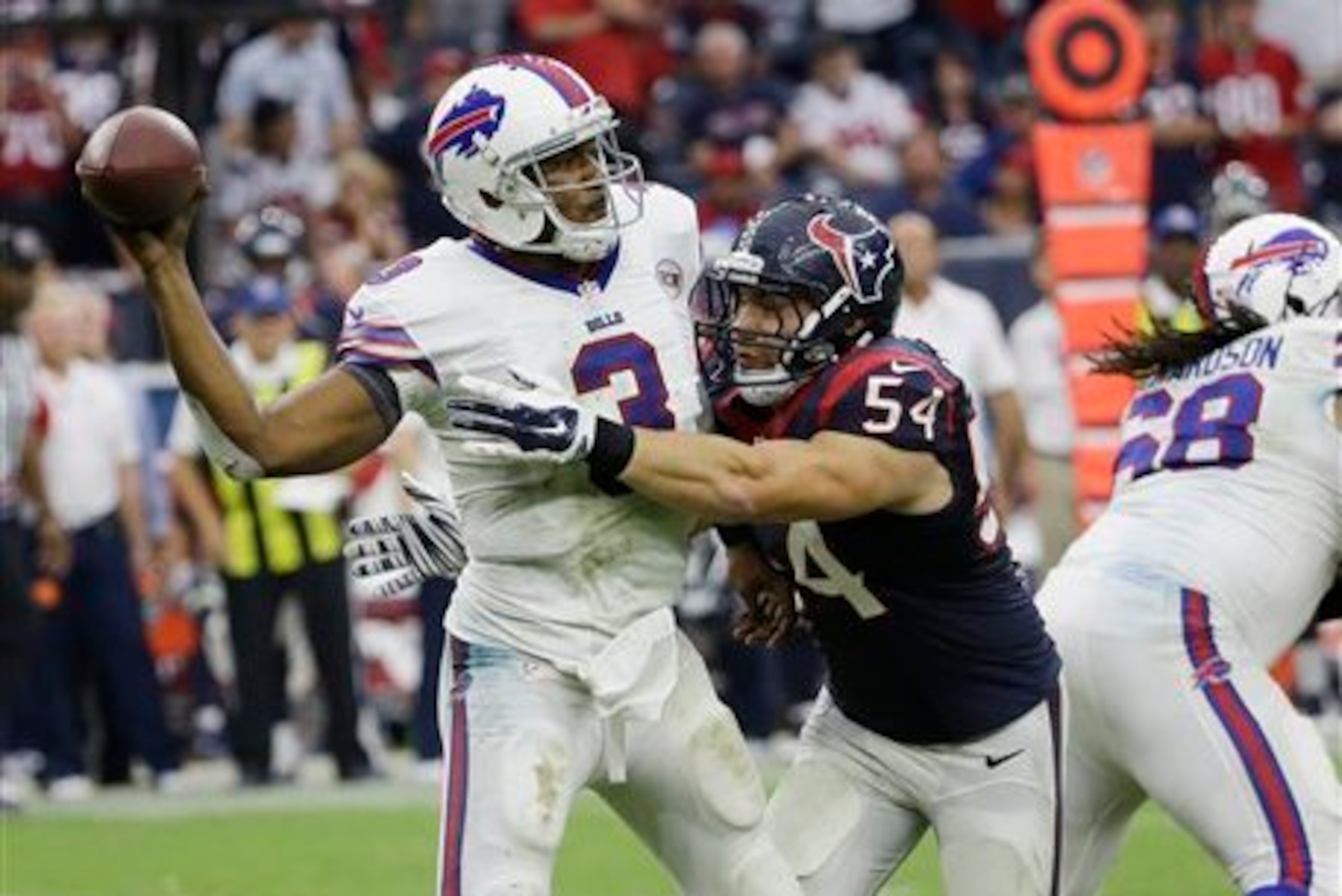 Manuel threw two costly interceptions against the Texans last season in Week 4. After that game, he was benched in favor of Kyle Orton.