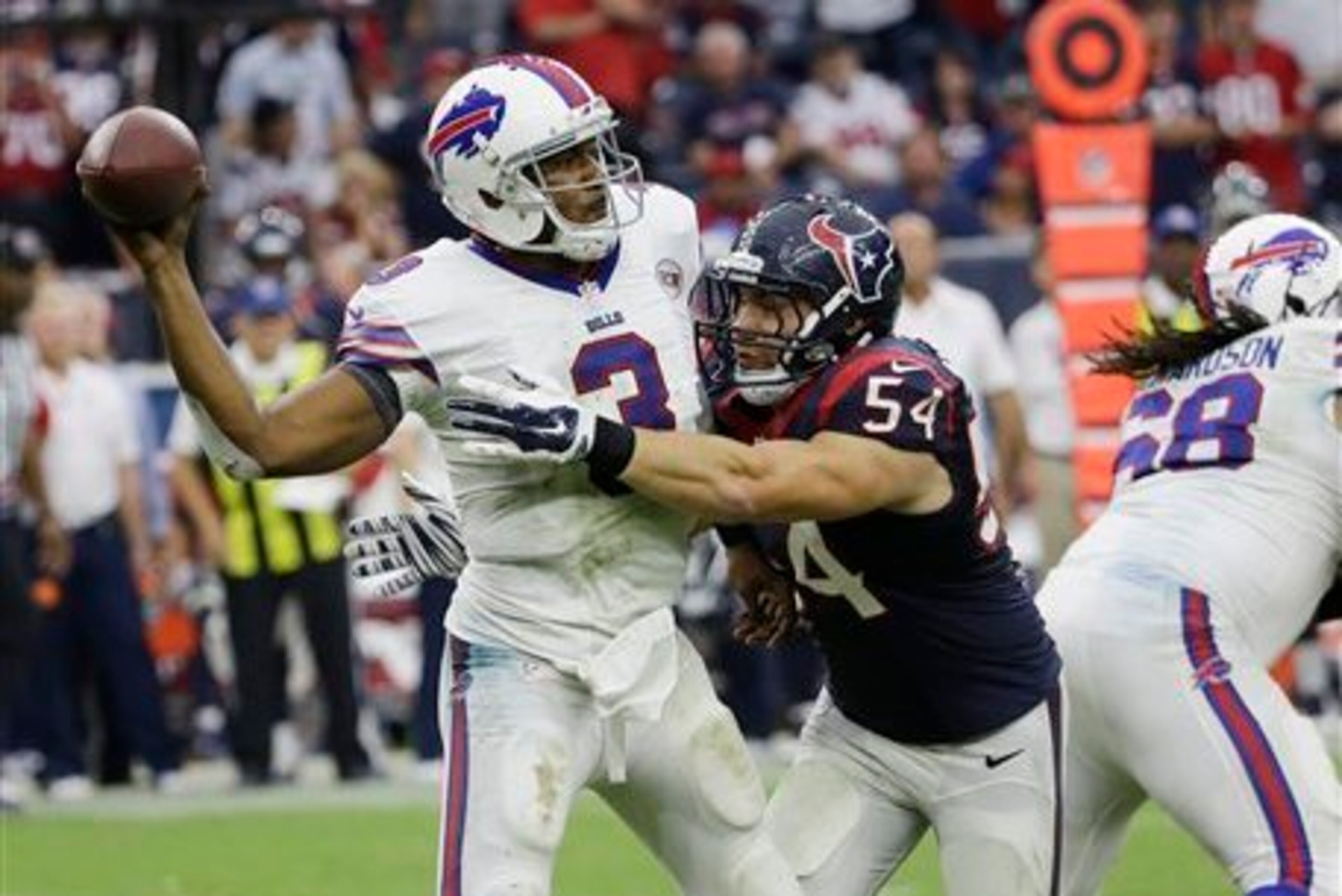 Manuel threw two costly interceptions against the Texans last season in Week 4. After that game, he was benched in favor of Kyle Orton.