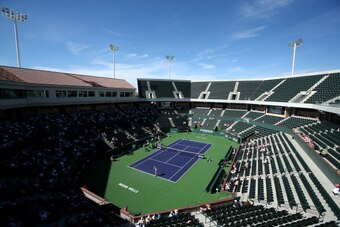 INDIAN WELLS, CA - MARCH 05:  Alison Riske and Bojana Jovanovski of Serbia play the first main draw match in the newly built Stadium Court 2 during the BNP Paribas Open at Indian Wells Tennis Garden on March 5, 2014 in Indian Wells, California. Peng won 6