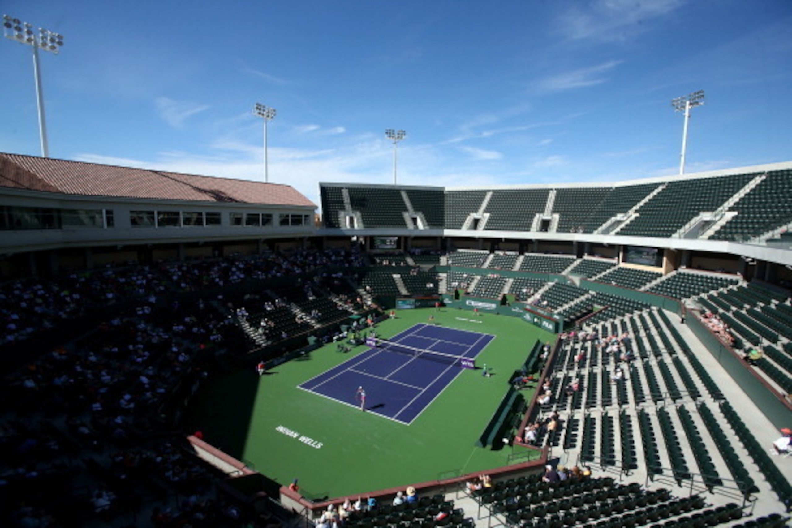 INDIAN WELLS, CA - MARCH 05:  Alison Riske and Bojana Jovanovski of Serbia play the first main draw match in the newly built Stadium Court 2 during the BNP Paribas Open at Indian Wells Tennis Garden on March 5, 2014 in Indian Wells, California. Peng won 6