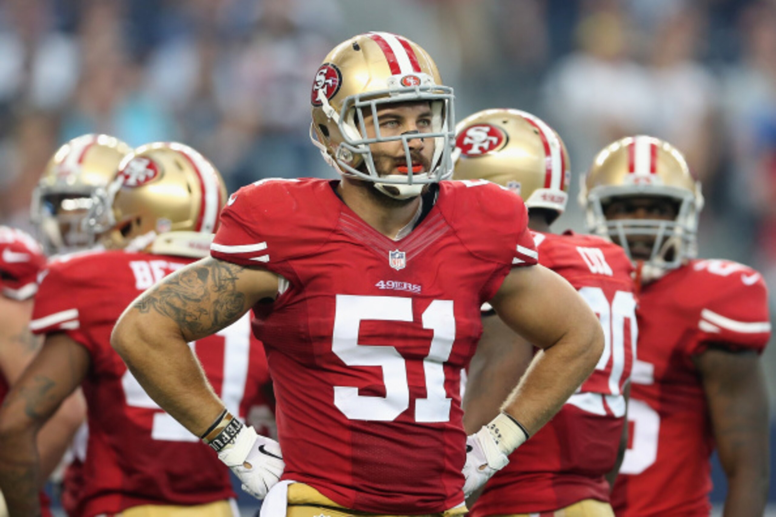 ARLINGTON, TX - SEPTEMBER 07:  Outside linebacker Dan Skuta #51 of the San Francisco 49ers during the NFL game against the Dallas Cowboys at AT&T Stadium on September 7, 2014 in Arlington, Texas. The 49ers defeated the Cowboys 28-17.  (Photo by Christian 