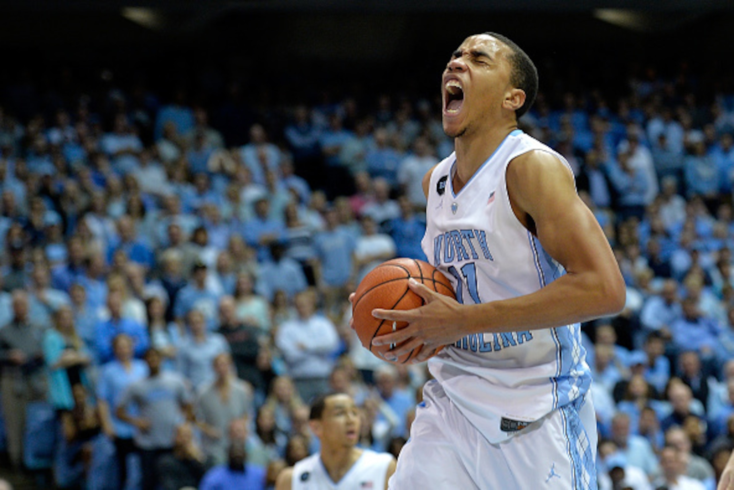 CHAPEL HILL, NC - MARCH 07:  Brice Johnson #11 of the North Carolina Tar Heels reacts after pulling down a rebound against the Duke Blue Devils during their game at the Dean Smith Center on March 7, 2015 in Chapel Hill, North Carolina.  (Photo by Grant Ha