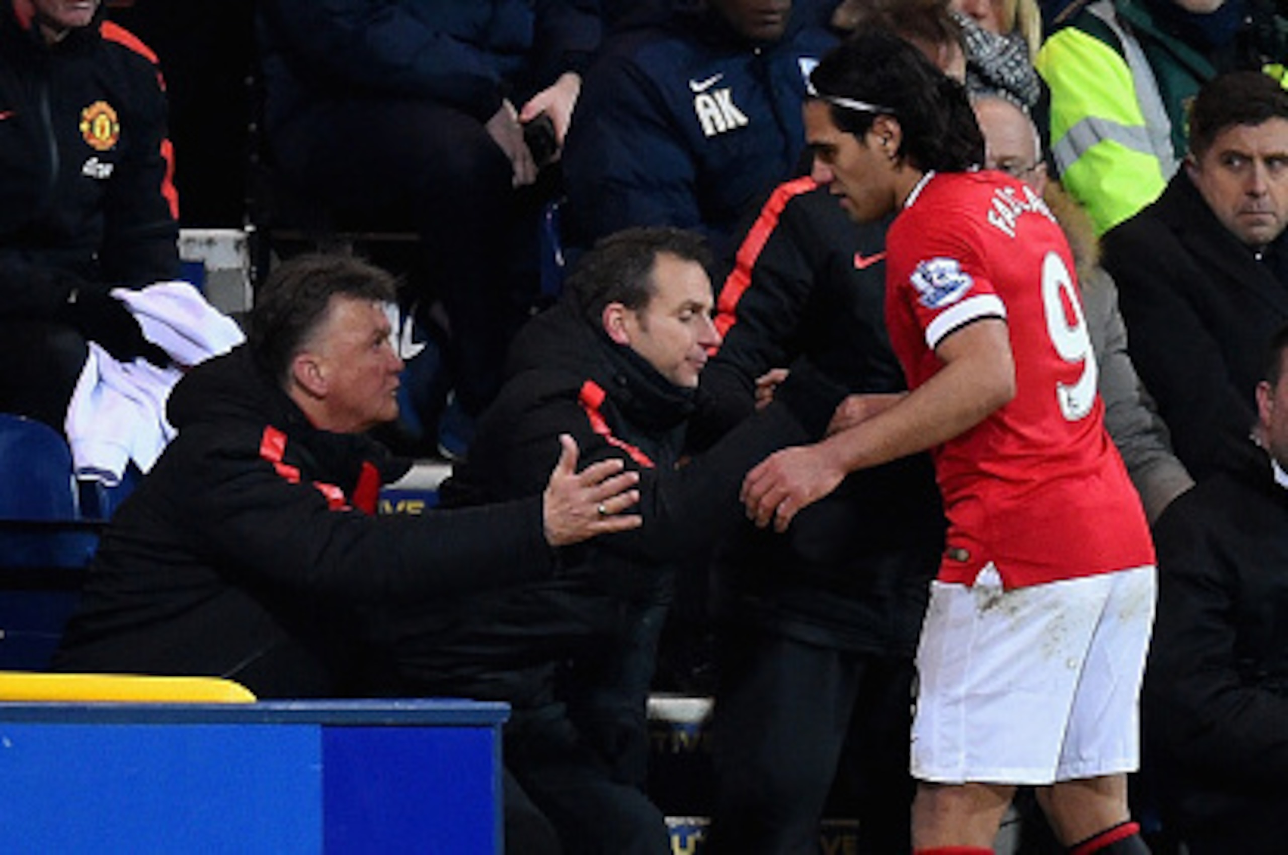 PRESTON, ENGLAND - FEBRUARY 16: Manager Louis van Gaal of Manchester United shakes hands with Radamel Falcao García of Manchester United as he is replaced during the FA Cup Fifth round match between Preston North End and Manchester United at Deepdale on F PRESTON, ENGLAND - FEBRUARY 16: Manager Louis van Gaal of Manchester United shakes hands with Radamel Falcao García of Manchester United as he is replaced during the FA Cup Fifth round match between Preston North End and Manchester United at Deepdale on F