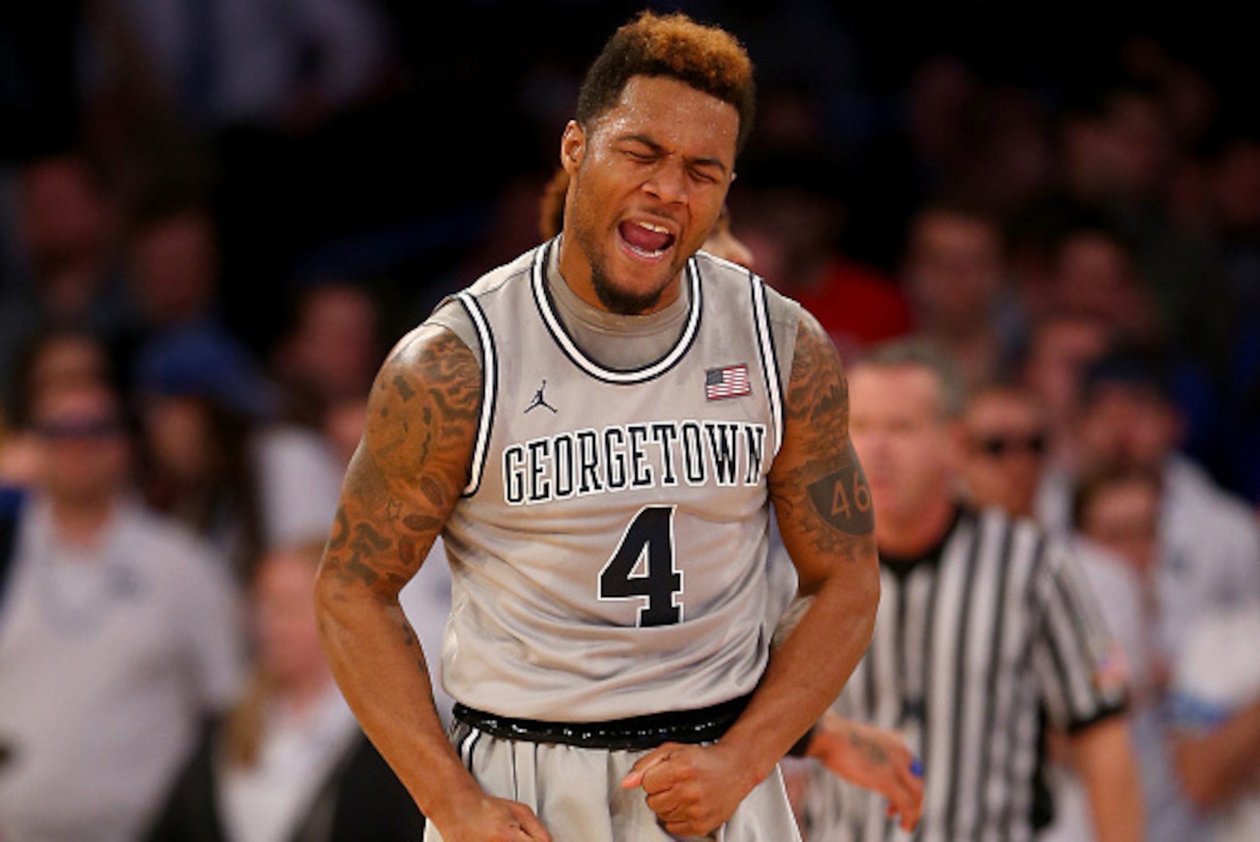 NEW YORK, NY - MARCH 12: D'Vauntes Smith-Rivera #4 of the Georgetown Hoyas celebrates late in the second half against the Creighton Bluejays during a quarterfinal game of the Big East basketball tournament at Madison Square Garden on March 12, 2015 in Ne NEW YORK, NY - MARCH 12: D'Vauntes Smith-Rivera #4 of the Georgetown Hoyas celebrates late in the second half against the Creighton Bluejays during a quarterfinal game of the Big East basketball tournament at Madison Square Garden on March 12, 2015 in Ne