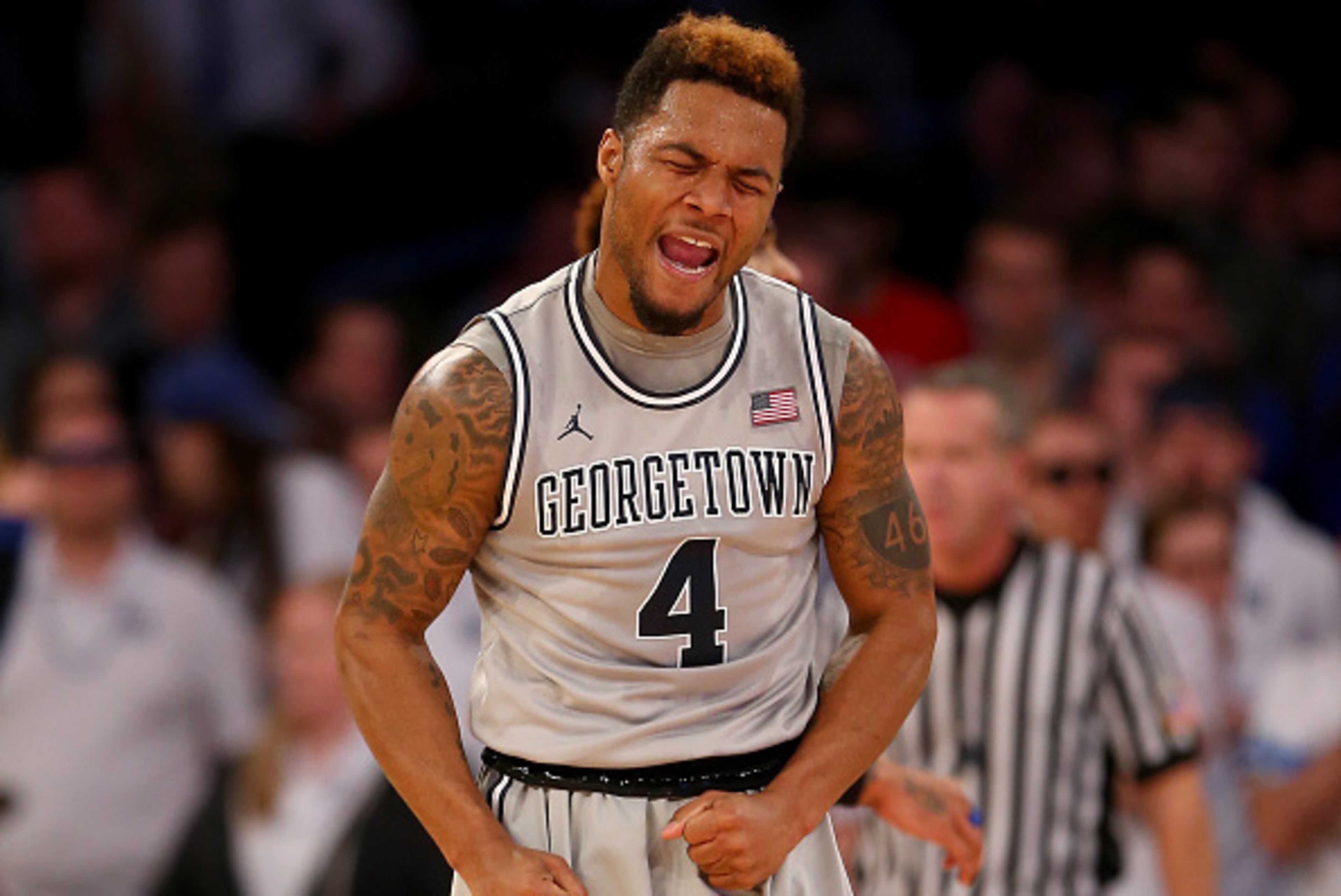NEW YORK, NY - MARCH 12:  D'Vauntes Smith-Rivera #4 of the Georgetown Hoyas celebrates late in the second half against the Creighton Bluejays during a quarterfinal game of the Big East basketball tournament at Madison Square Garden on March 12, 2015 in Ne