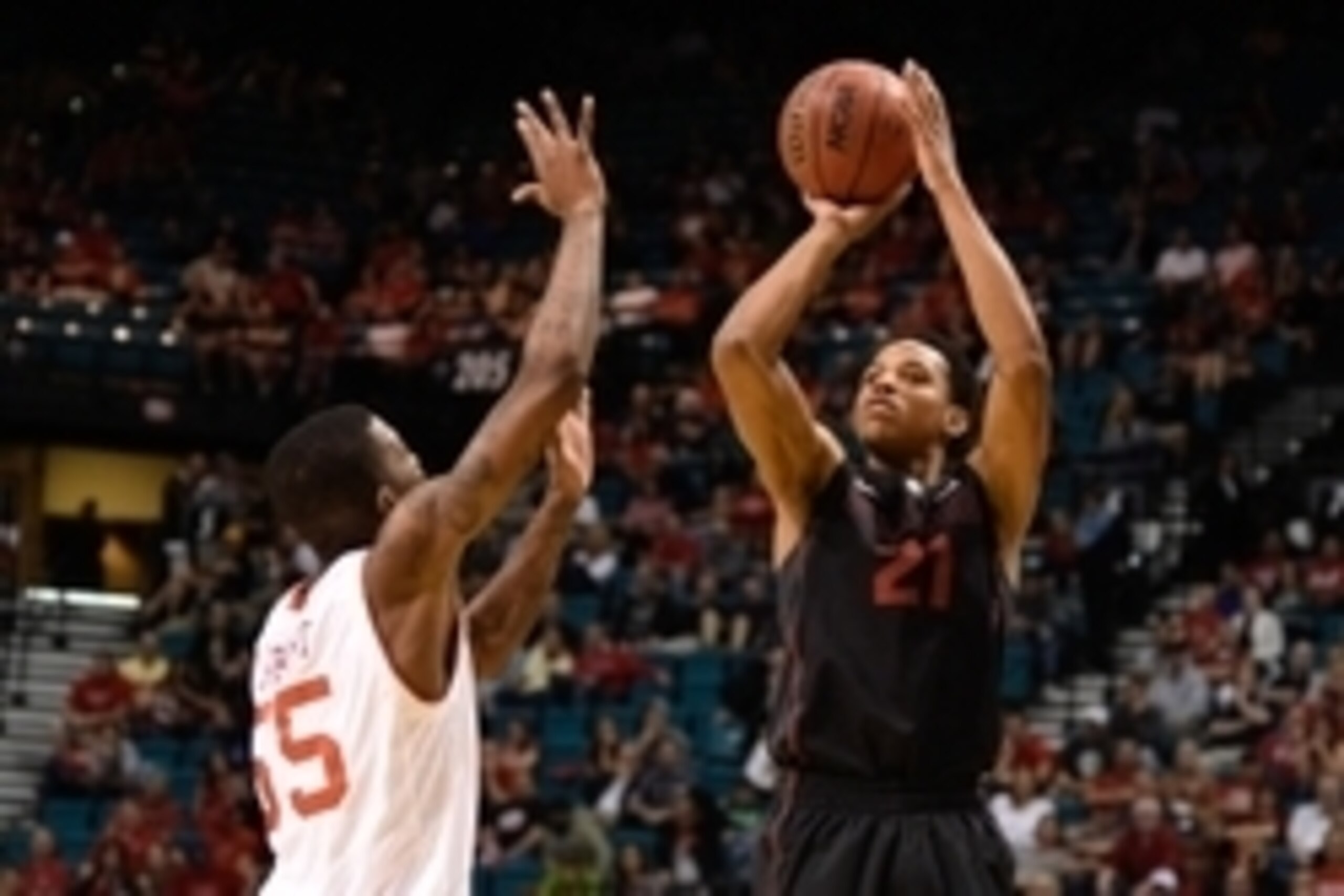 March 12, 2015; Las Vegas, NV, USA; Stanford Cardinal guard/forward Anthony Brown (21) shoots the basketball against Utah Utes guard Delon Wright (55) during the second half in the quarterfinal round of the Pac-12 Conference tournament at MGM Grand Garden March 12, 2015; Las Vegas, NV, USA; Stanford Cardinal guard/forward Anthony Brown (21) shoots the basketball against Utah Utes guard Delon Wright (55) during the second half in the quarterfinal round of the Pac-12 Conference tournament at MGM Grand Garden