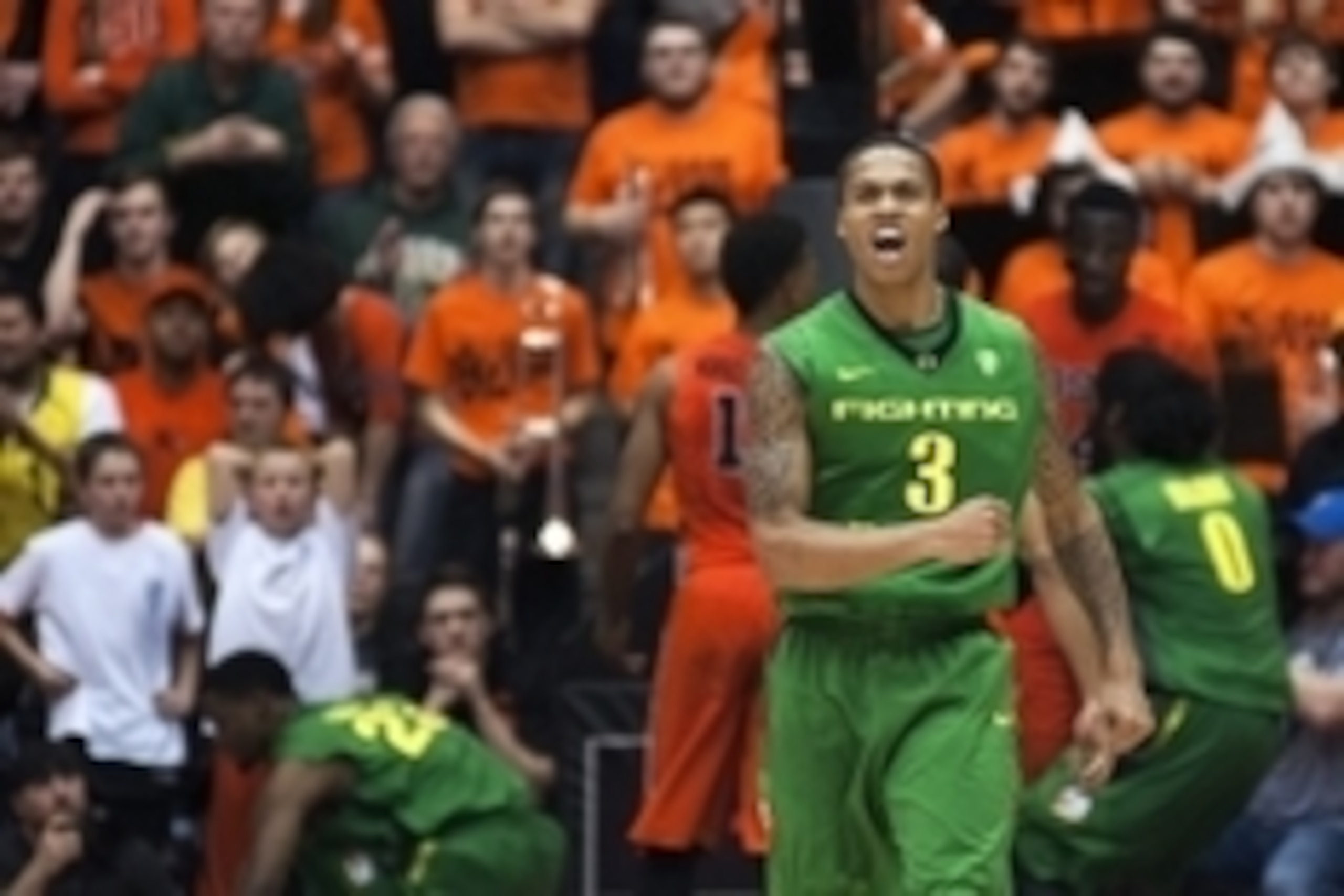 Mar 4, 2015; Corvallis, OR, USA; Oregon Ducks guard Joseph Young (3) celebrates after the Ducks take a late lead during the second half of the game against the Oregon State Beavers at Gill Coliseum. The Ducks won 65-62. Mandatory Credit: Godofredo Vasquez Mar 4, 2015; Corvallis, OR, USA; Oregon Ducks guard Joseph Young (3) celebrates after the Ducks take a late lead during the second half of the game against the Oregon State Beavers at Gill Coliseum. The Ducks won 65-62. Mandatory Credit: Godofredo Vasquez