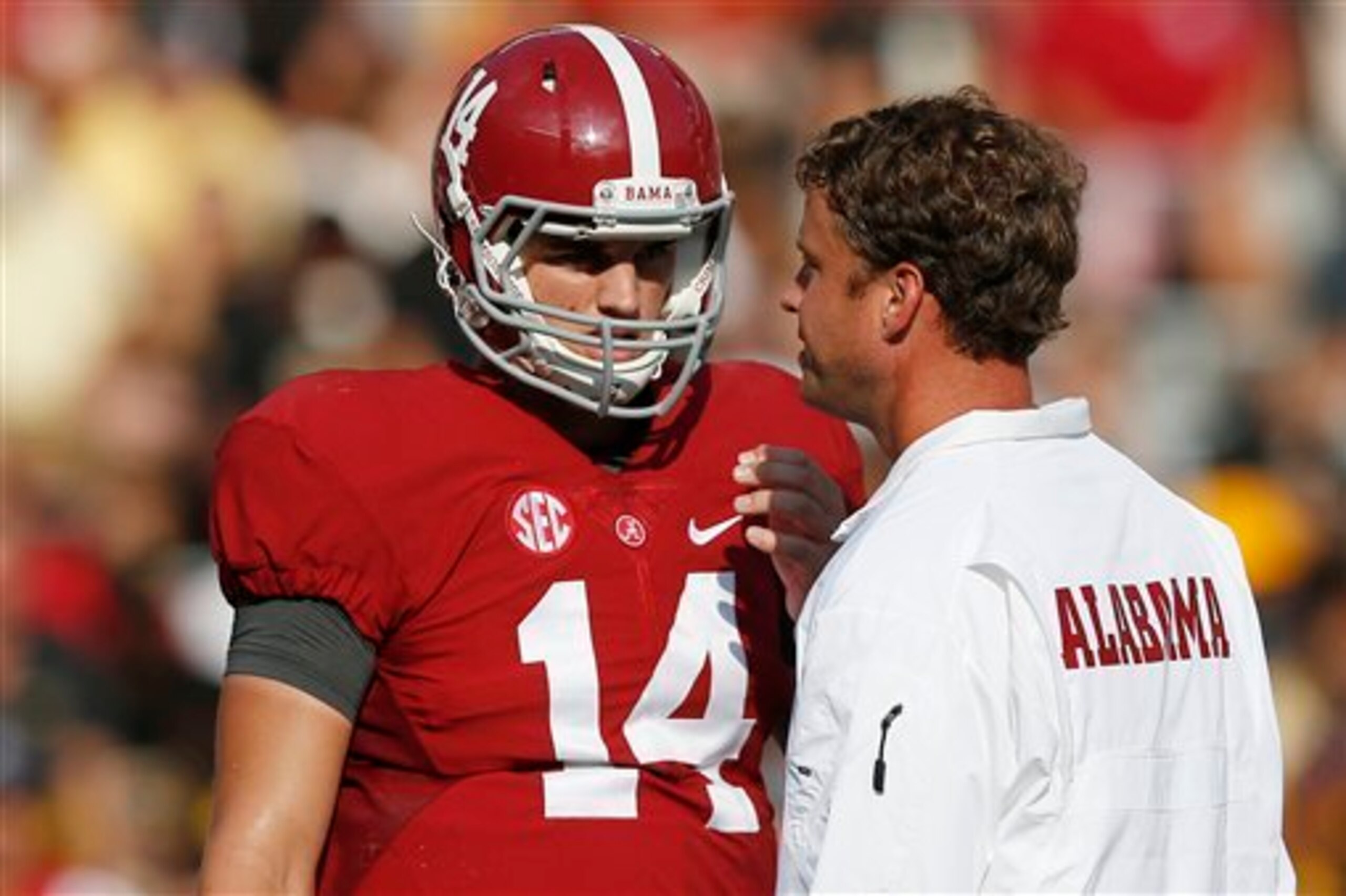 Alabama QB Jake Coker (left) and offensive coordinator Lane Kiffin