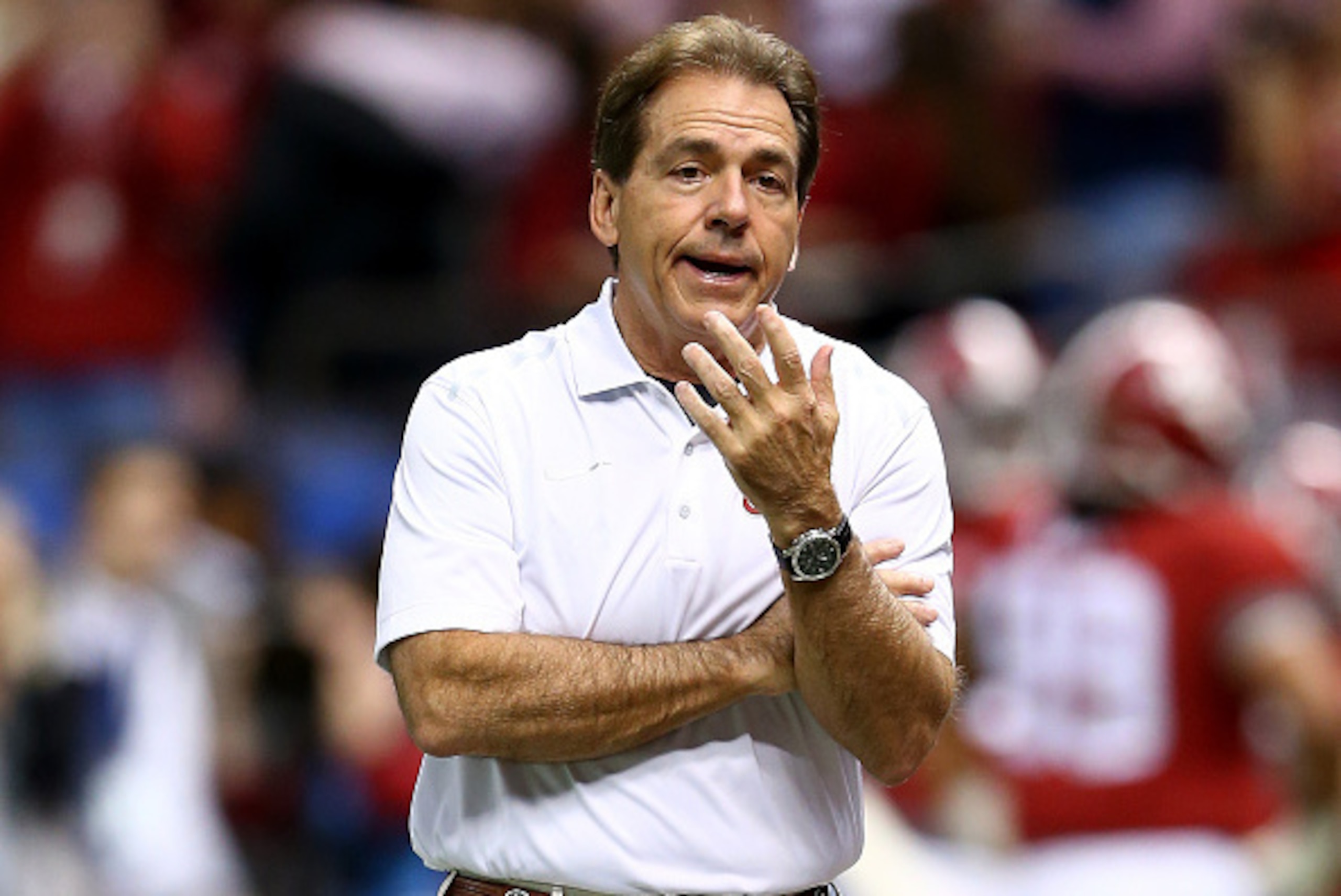NEW ORLEANS, LA - JANUARY 01:  Head coach Nick Saban of the Alabama Crimson Tide looks on from the sidelines during the All State Sugar Bowl at the Mercedes-Benz Superdome on January 1, 2015 in New Orleans, Louisiana.  (Photo by Streeter Lecka/Getty Image