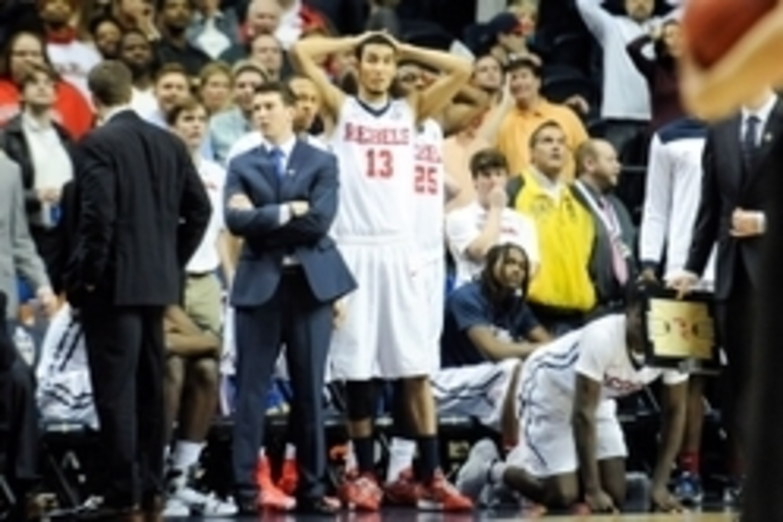 Mar 12, 2015; Nashville, TN, USA; Mississippi Rebels players watch during the second half of the second round against South Carolina Gamecocks of the SEC Conference Tournament at Bridgestone Arena. Mandatory Credit: Joshua Lindsey-USA TODAY Sports