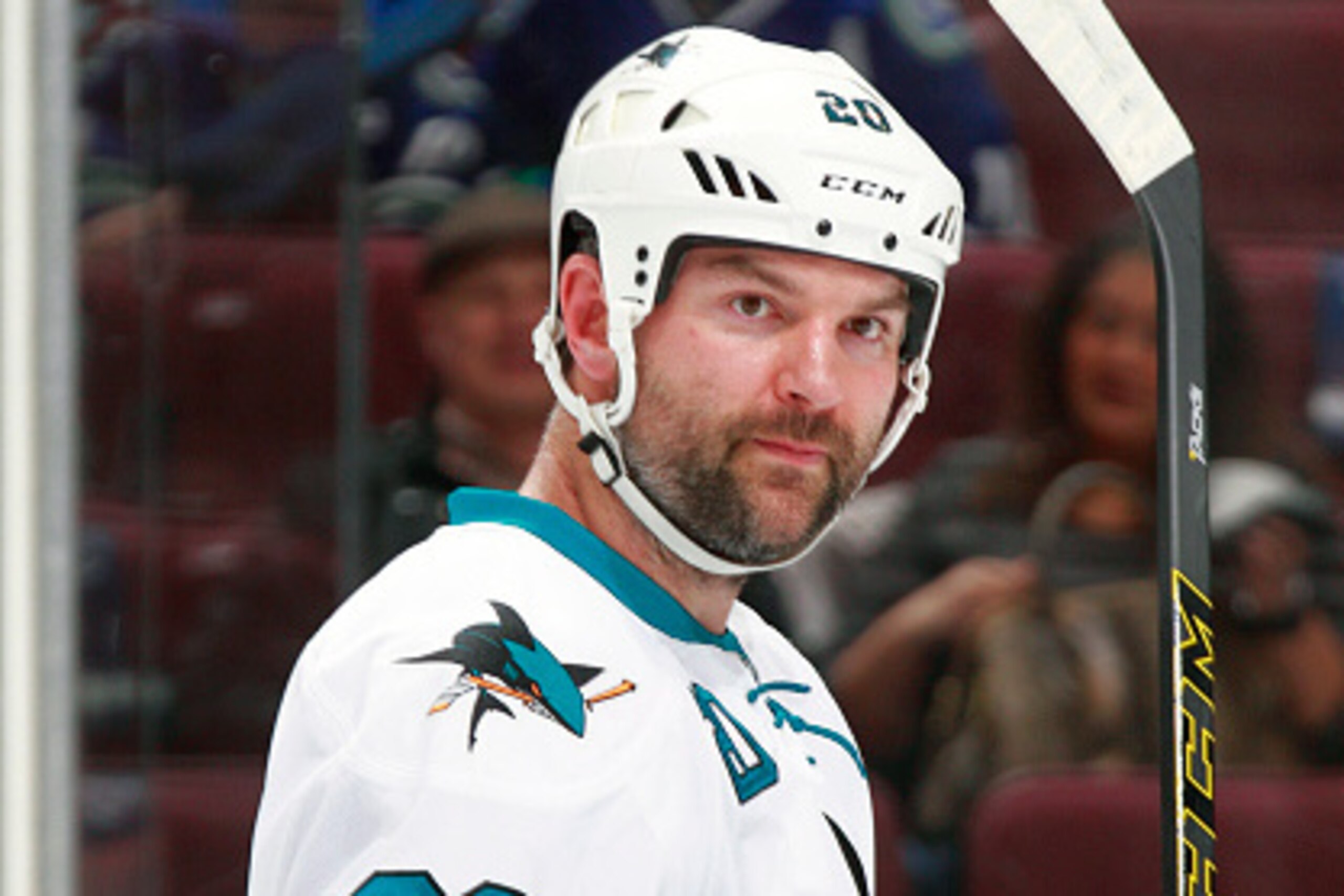VANCOUVER, BC - MARCH 3:  John Scott #20 of the San Jose Sharks looks to the bench during their NHL game against the Vancouver Canucks at Rogers Arena March 3, 2015 in Vancouver, British Columbia, Canada.  (Photo by Jeff Vinnick/NHLI via Getty Images)