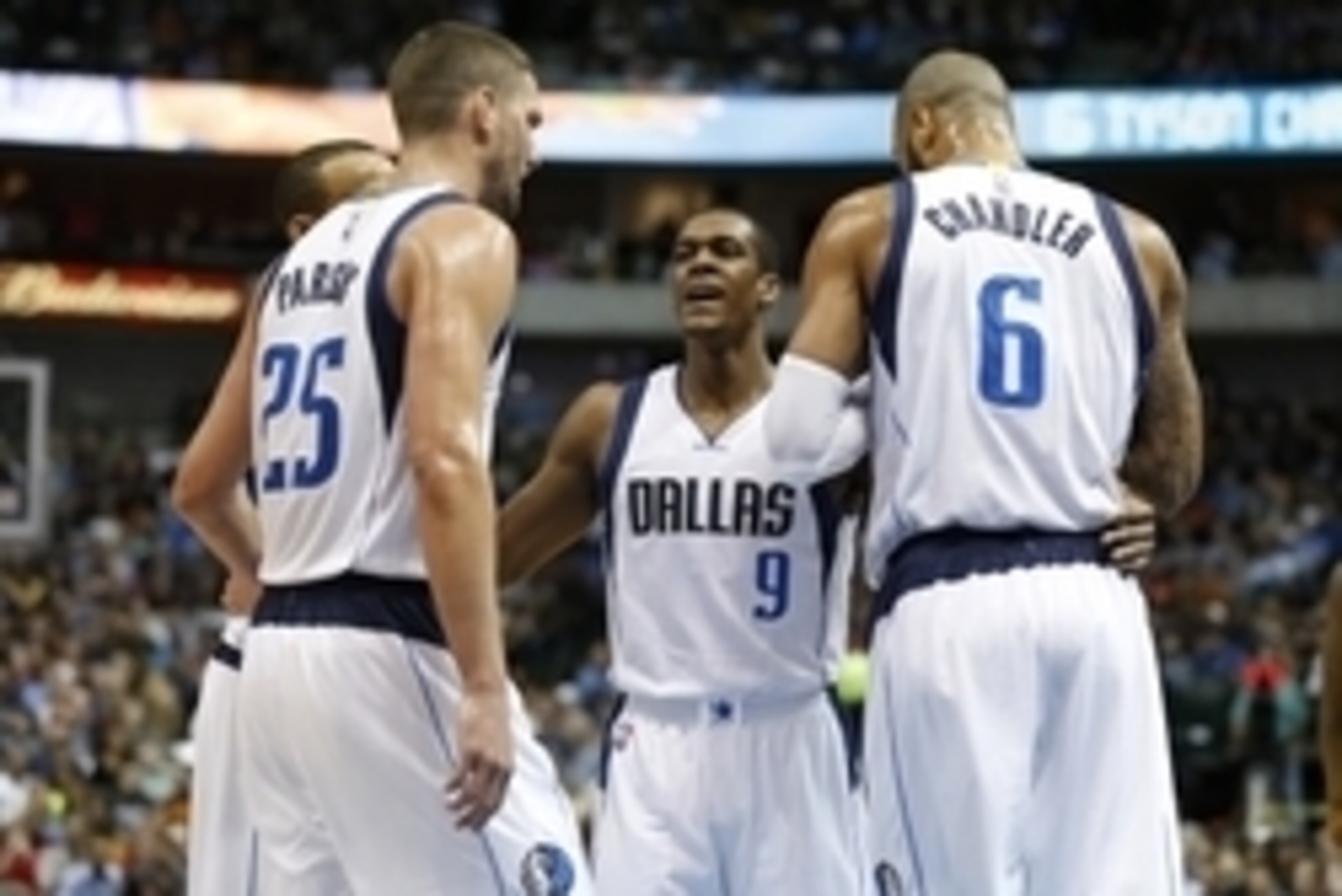 Mar 10, 2015; Dallas, TX, USA; Dallas Mavericks guard Rajon Rondo (9) talks with forward Chandler Parsons (25) and center Tyson Chandler (6) after a foul call during the game against the Cleveland Cavaliers at American Airlines Center. The Cavs beat the M Mar 10, 2015; Dallas, TX, USA; Dallas Mavericks guard Rajon Rondo (9) talks with forward Chandler Parsons (25) and center Tyson Chandler (6) after a foul call during the game against the Cleveland Cavaliers at American Airlines Center. The Cavs beat the M