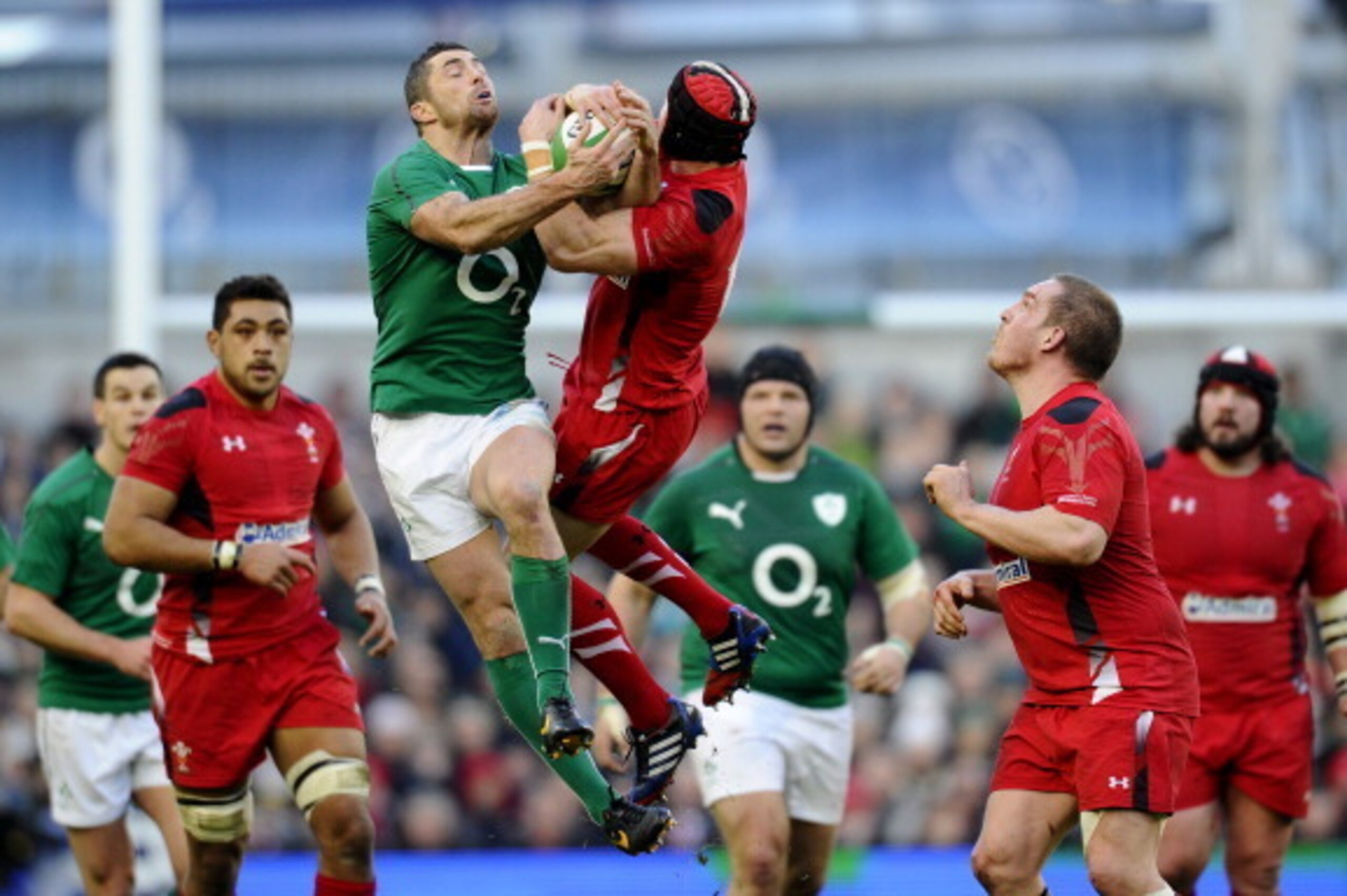 DUBLIN, IRELAND - FEBRUARY 08: Rob Kearney (L) of Ireland and Leigh Halfpenny of Wales both catch a high ball during RBS Six Nations match between Ireland and Wales at the Aviva Stadium on February 8, 2014 in Dublin, Ireland. (Photo by Alan Crowhurst/Gett