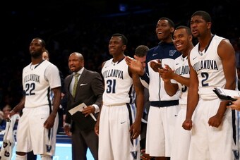 NEW YORK, NY - MARCH 13:  The Villanova Wildcats bench reacts to a free throw made by a teammate in the second half against the Seton Hall Pirates during the quarterfinals of the Big East Basketball Tournament at Madison Square Garden on March 13, 2014 in
