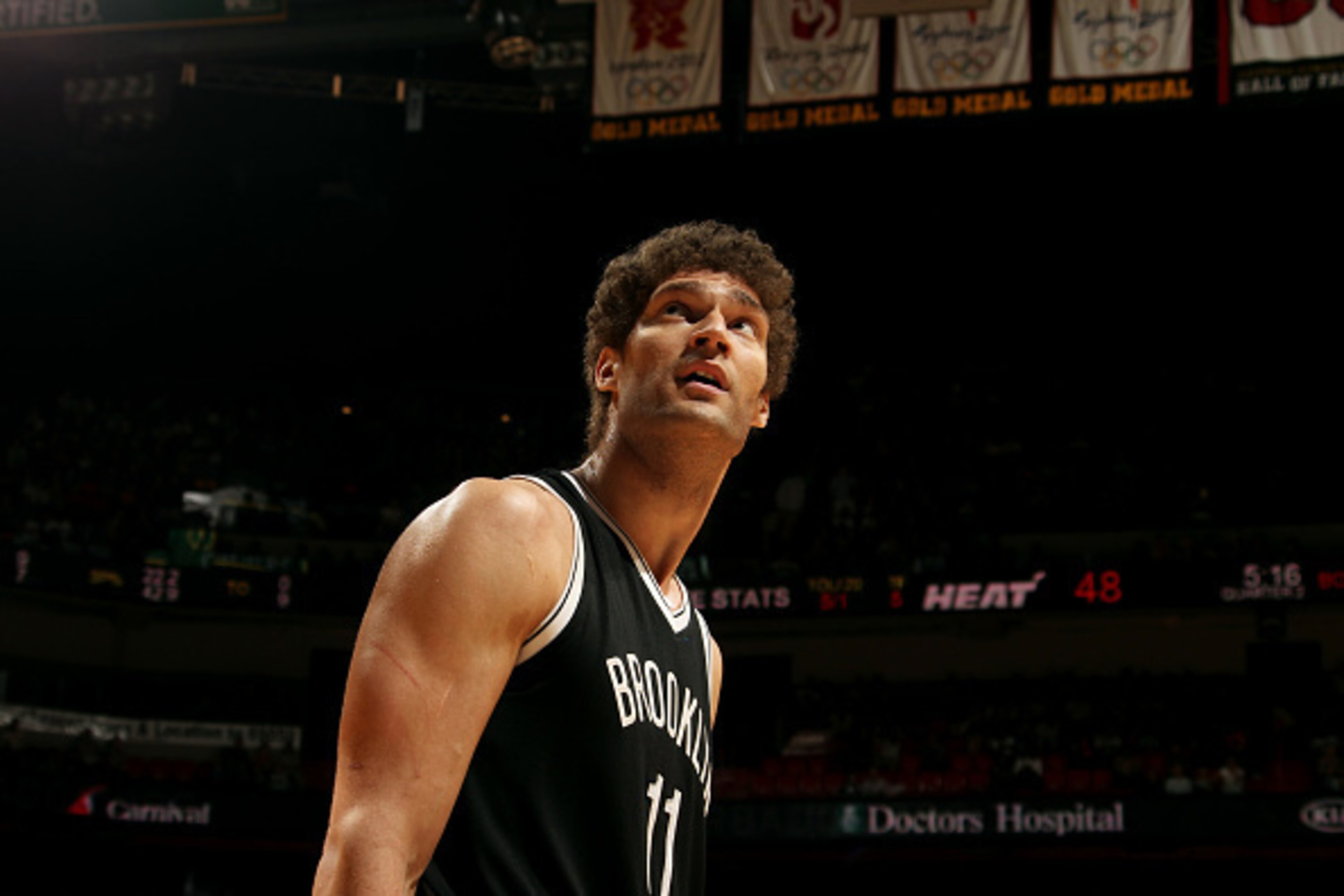 MIAMI, FL - MARCH 11: Brook Lopez #11 of the Brooklyn Nets stands on the court during a game against the Miami Heat on March 11, 2015 at American Airlines Arena in Miami, Florida. NOTE TO USER: User expressly acknowledges and agrees that, by downloading a
