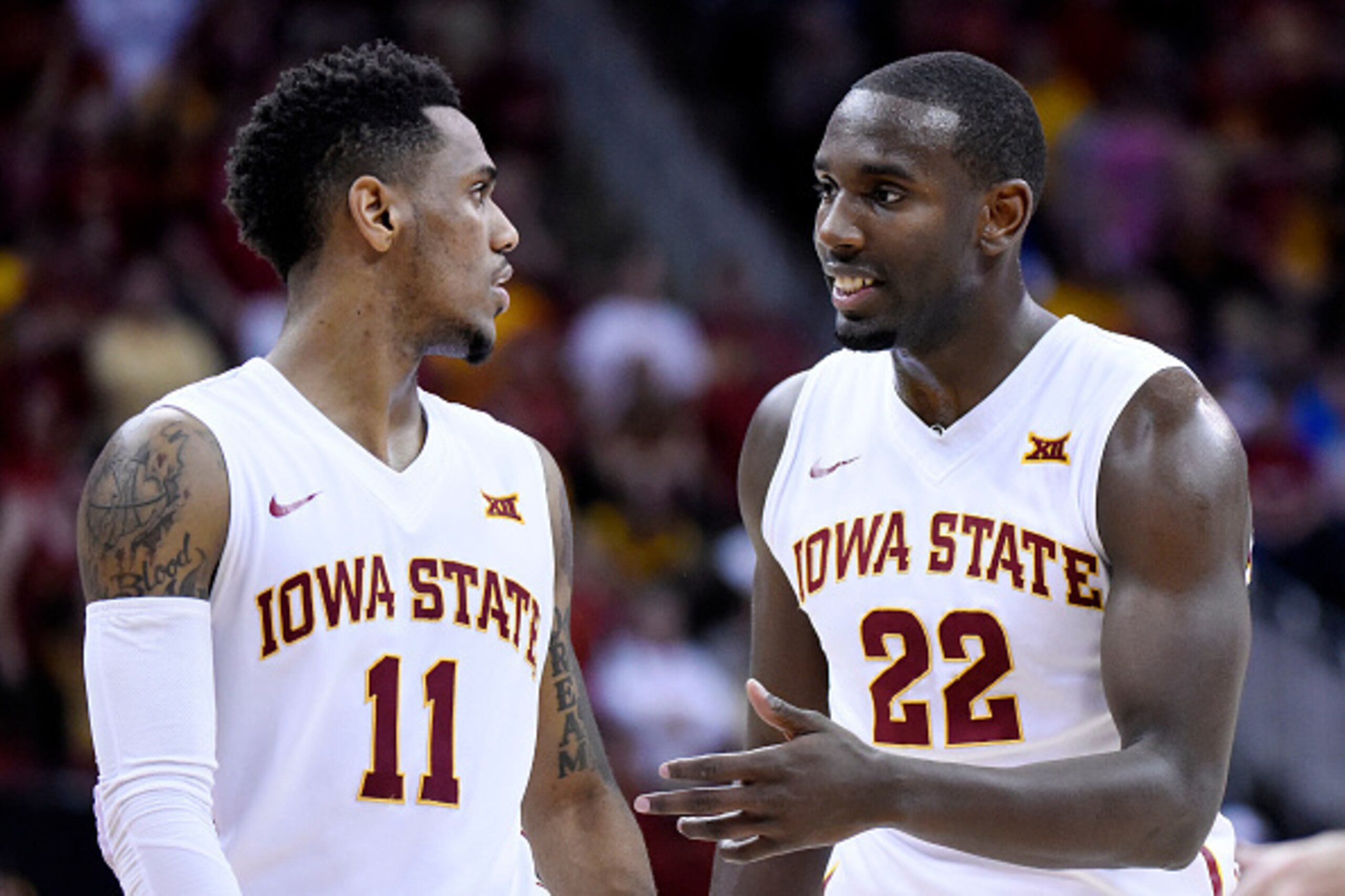 KANSAS CITY, MO - MARCH 13: Monte Morris #11 and Dustin Hogue #22 of the Iowa State Cyclones react in the second half against the Oklahoma Sooners during a semifinal game of the 2015 Big 12 Basketball Tournament at Sprint Center on March 13, 2015 in Kans KANSAS CITY, MO - MARCH 13: Monte Morris #11 and Dustin Hogue #22 of the Iowa State Cyclones react in the second half against the Oklahoma Sooners during a semifinal game of the 2015 Big 12 Basketball Tournament at Sprint Center on March 13, 2015 in Kans