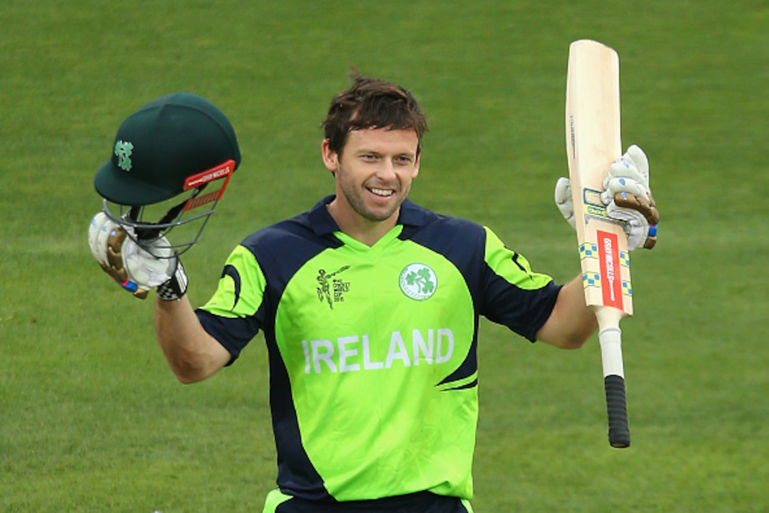 HOBART, AUSTRALIA - MARCH 07:  Ed Joyce of Ireland celebrates making his century during the 2015 ICC Cricket World Cup match between Zimbabwe and Ireland at Bellerive Oval on March 7, 2015 in Hobart, Australia.  (Photo by Quinn Rooney/Getty Images)
