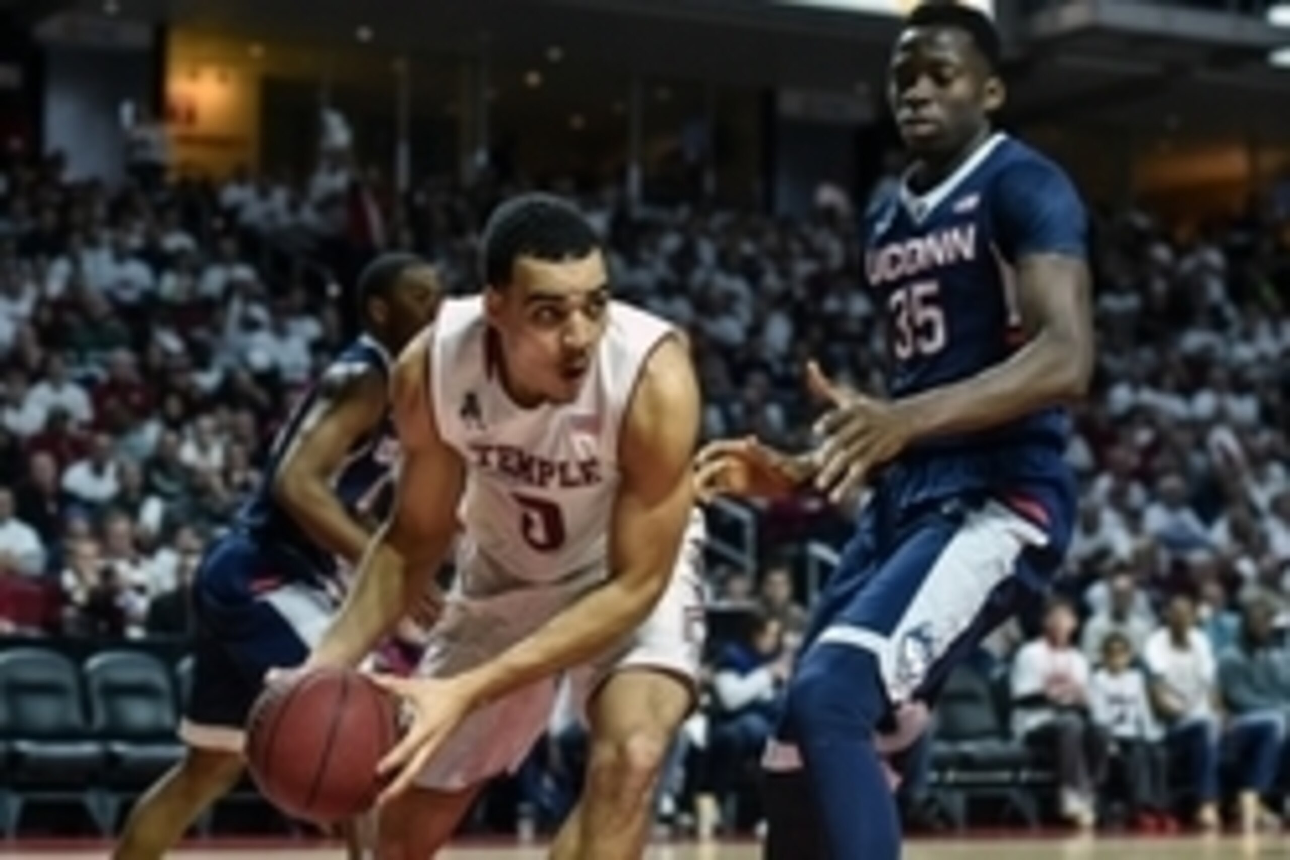 Mar 7, 2015; Philadelphia, PA, USA; Temple Owls forward Obi Enechionyia (0) looks to pass during the second half of the game against the Connecticut Huskies at the Liacouras Center. Temple won the game 75-63. Mandatory Credit: John Geliebter-USA TODAY Spo