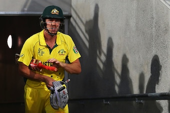 HOBART, AUSTRALIA - MARCH 14:  James Faulkner of Australia walks out to bat during the 2015 Cricket World Cup match between Australia and Scotland at Bellerive Oval on March 14, 2015 in Hobart, Australia.  (Photo by Ryan Pierse/Getty Images)