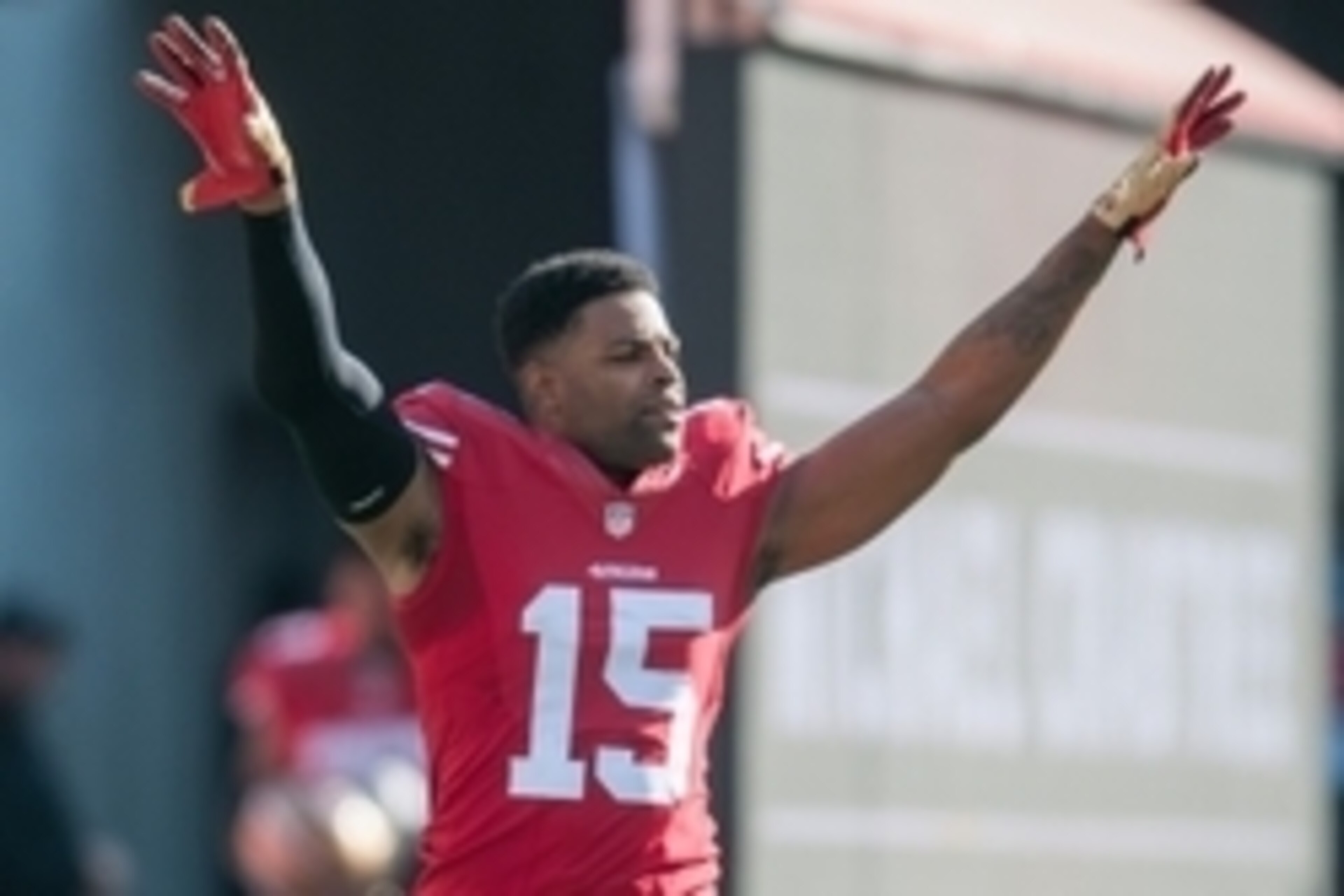 Dec 28, 2014; Santa Clara, CA, USA; San Francisco 49ers wide receiver Michael Crabtree (15) is introduced before the game against the Arizona Cardinals at Levi's Stadium. Mandatory Credit: Ed Szczepanski-USA TODAY Sports