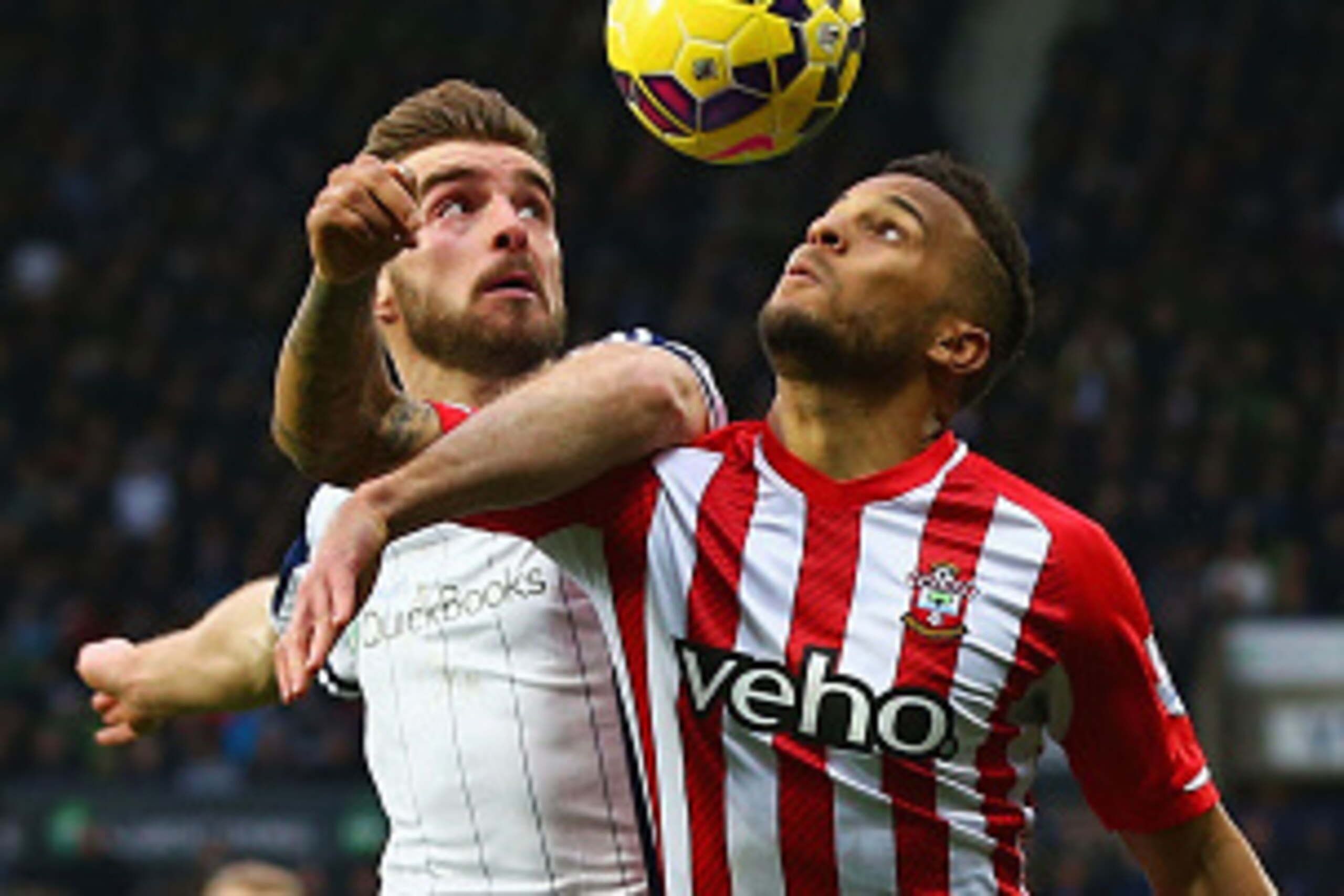 WEST BROMWICH, ENGLAND - FEBRUARY 28:  Ryan Bertrand of Southampton and James Morrison of West Bromwich Albion watch the ball during the Barclays Premier League match between West Bromwich Albion and Southampton at The Hawthorns on February 28, 2015 in We