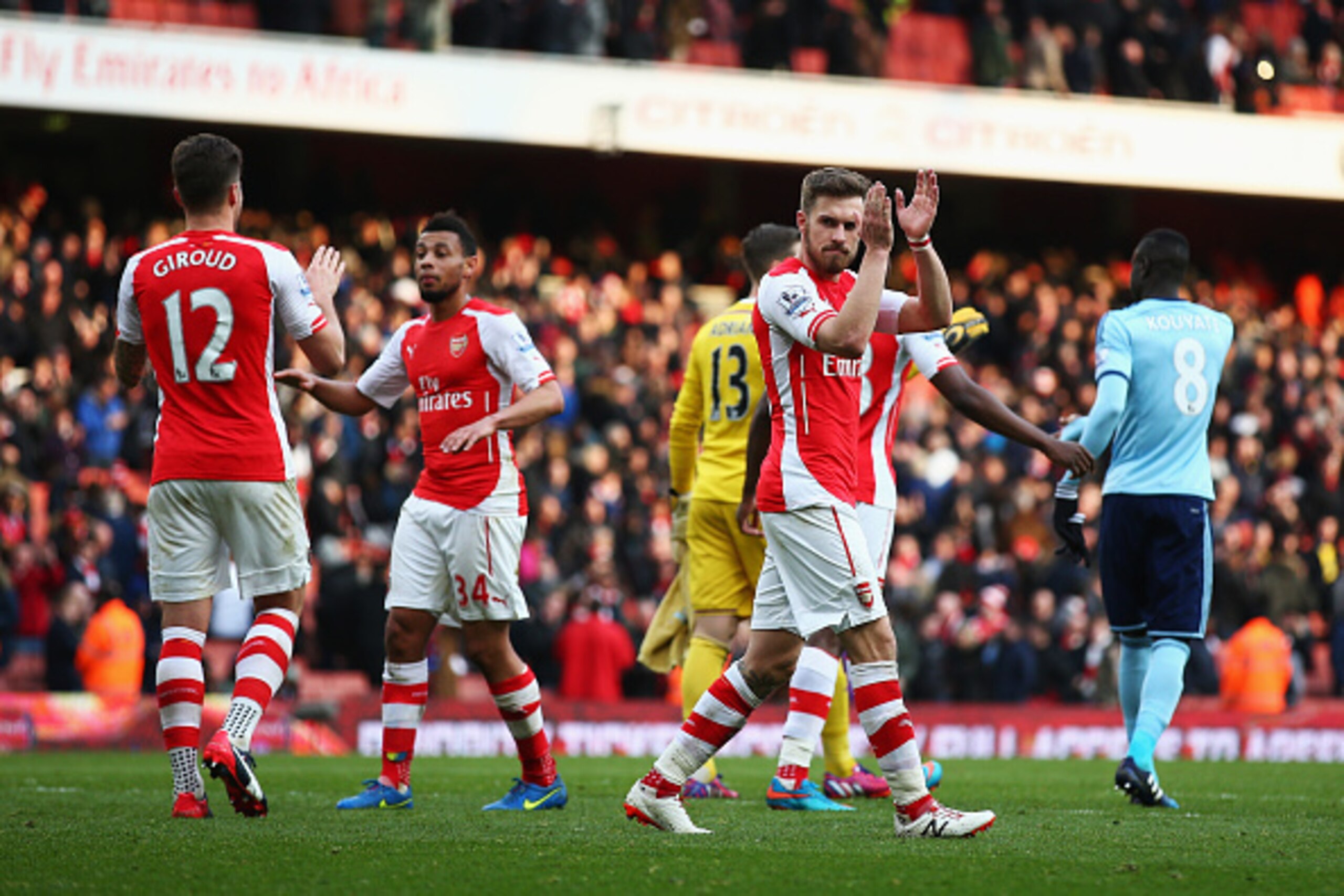 LONDON, ENGLAND - MARCH 14: Aaron Ramsey of Arsenal celebrates after the Barclays Premier League match between Arsenal and West Ham United at Emirates Stadium on March 14, 2015 in London, England.  (Photo by Ian Walton/Getty Images)
