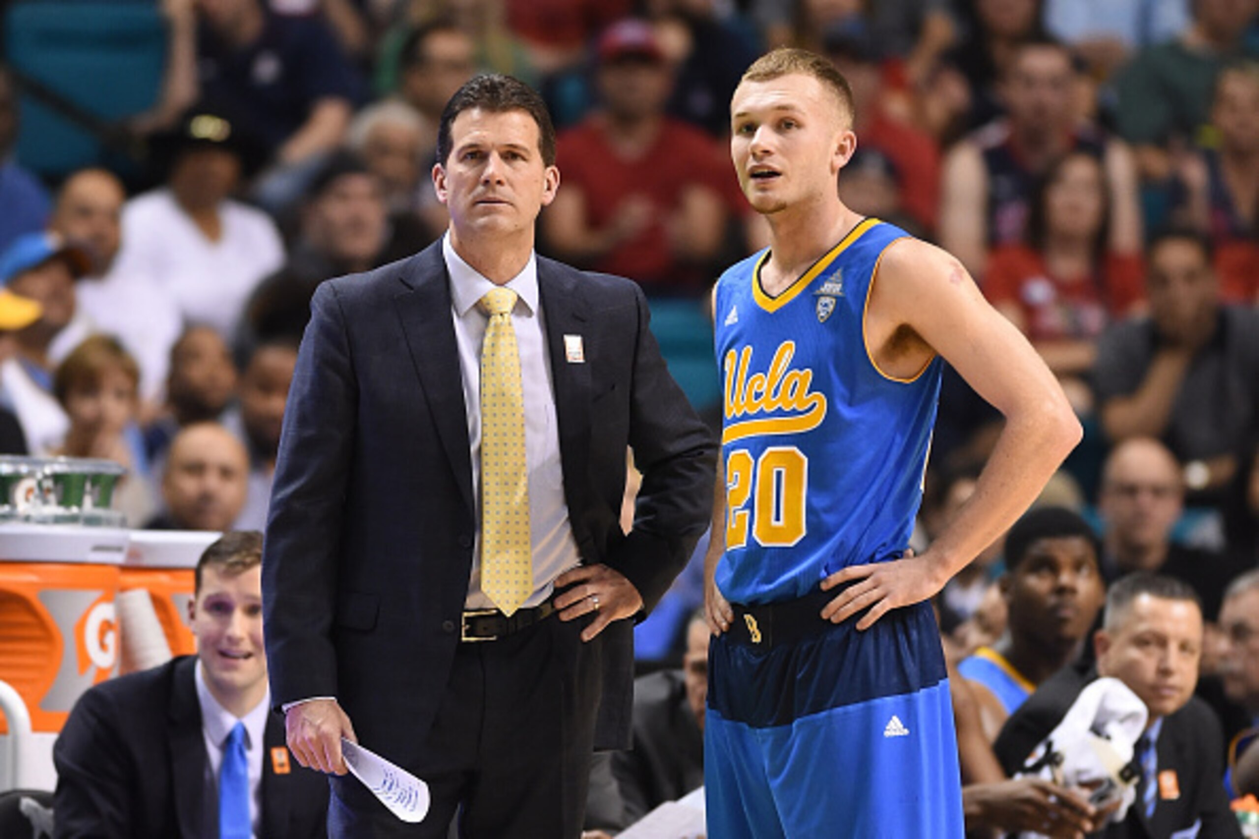 LAS VEGAS, NV - MARCH 13:  Head coach Steve Alford of the UCLA Bruins  talks with his son Bryce Alford #20 during a semifinal game of the Pac-12 Basketball Tournament against the Arizona Wildcats at the MGM Grand Garden Arena on March 13, 2015 in Las Vega