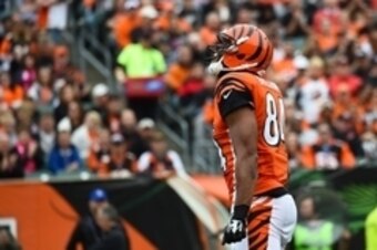 Oct 12, 2014; Cincinnati, OH, USA; Cincinnati Bengals tight end Jermaine Gresham (84) during the first half at Paul Brown Stadium. Mandatory Credit: Mike DiNovo-USA TODAY Sports