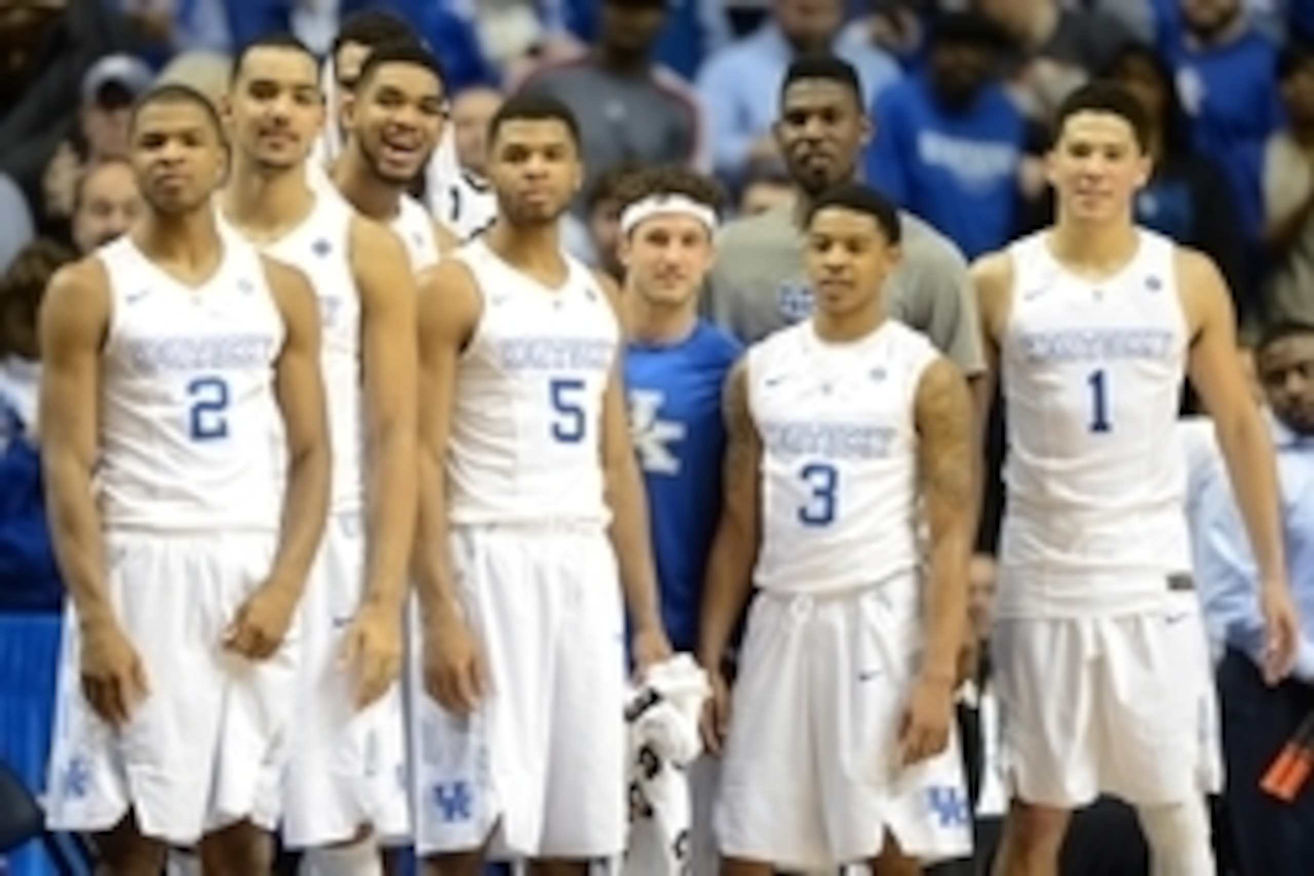 Mar 14, 2015; Nashville, TN, USA; Kentucky Wildcats players watch during the second half of the semifinals of the SEC Conference Tournament at Bridgestone Arena. Kentucky defeated Auburn Tigers 91-67. Mandatory Credit: Don McPeak-USA TODAY Sports