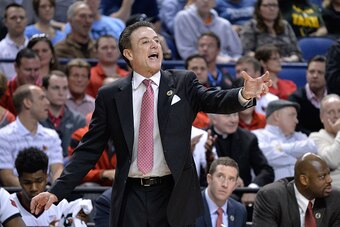 GREENSBORO, NC - MARCH 12:  Head coach Rick Pitino of the Louisville Cardinals directs his team against the North Carolina Tar Heels during the quarterfinals of the ACC Basketball Tournament at Greensboro Coliseum on March 12, 2015 in Greensboro, North Ca