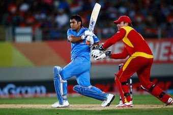 AUCKLAND, NEW ZEALAND - MARCH 14:  MS Dhoni of India bats  during the 2015 ICC Cricket World Cup match between India and Zimbabwe at Eden Park on March 14, 2015 in Auckland, New Zealand.  (Photo by Phil Walter/Getty Images)