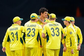 HOBART, AUSTRALIA - MARCH 14:  Mitchell Starc of Australia celebrates after taking the wicket of Calum MacLeod of Scotland during the 2015 Cricket World Cup match between Australia and Scotland at Bellerive Oval on March 14, 2015 in Hobart, Australia.  (P