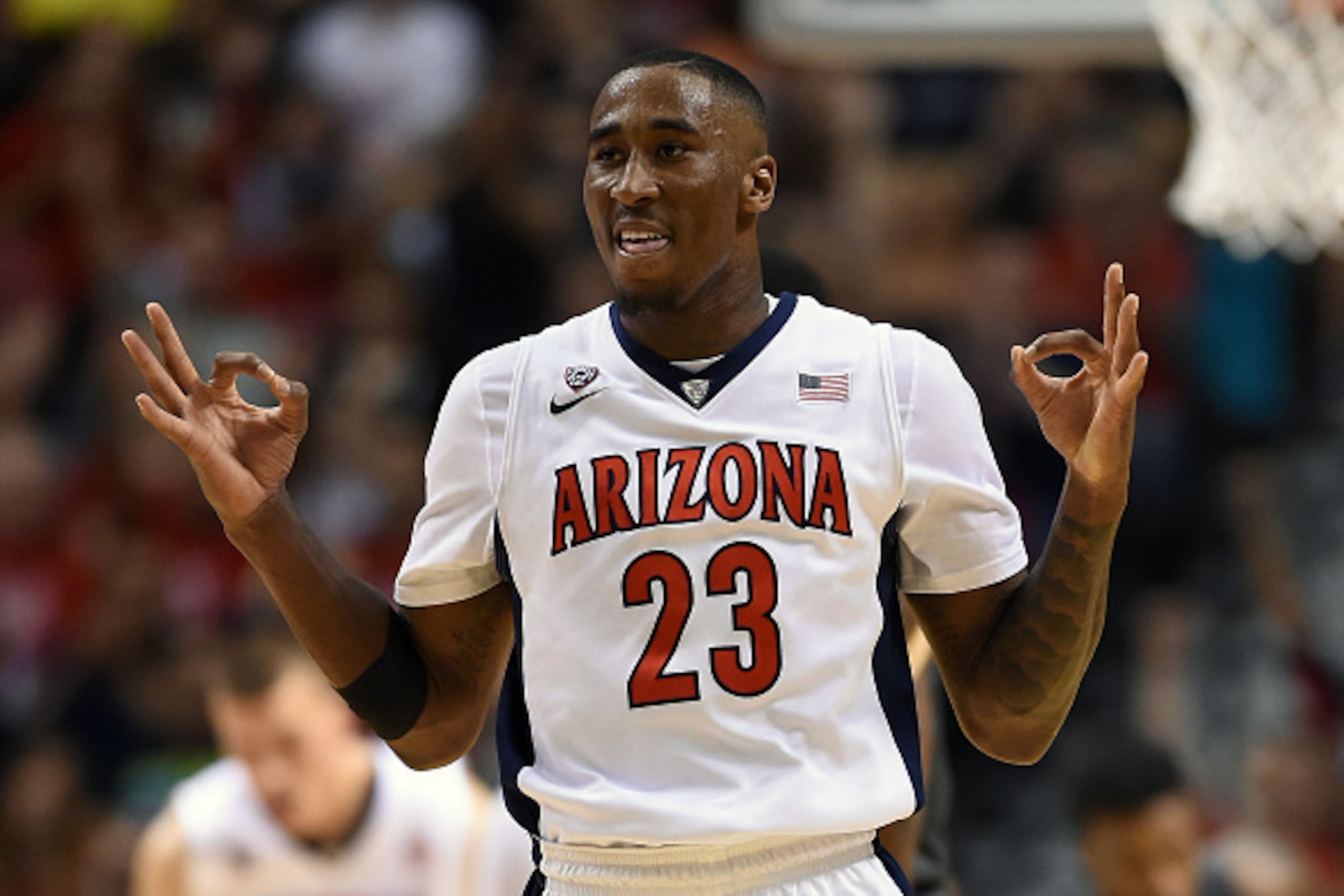 LAS VEGAS, NV - MARCH 14:  Rondae Hollis-Jefferson #23 of the Arizona Wildcats reacts after hitting a 3-pointer against the Oregon Ducks during the championship game of the Pac-12 Basketball Tournament at the MGM Grand Garden Arena on March 14, 2015 in La