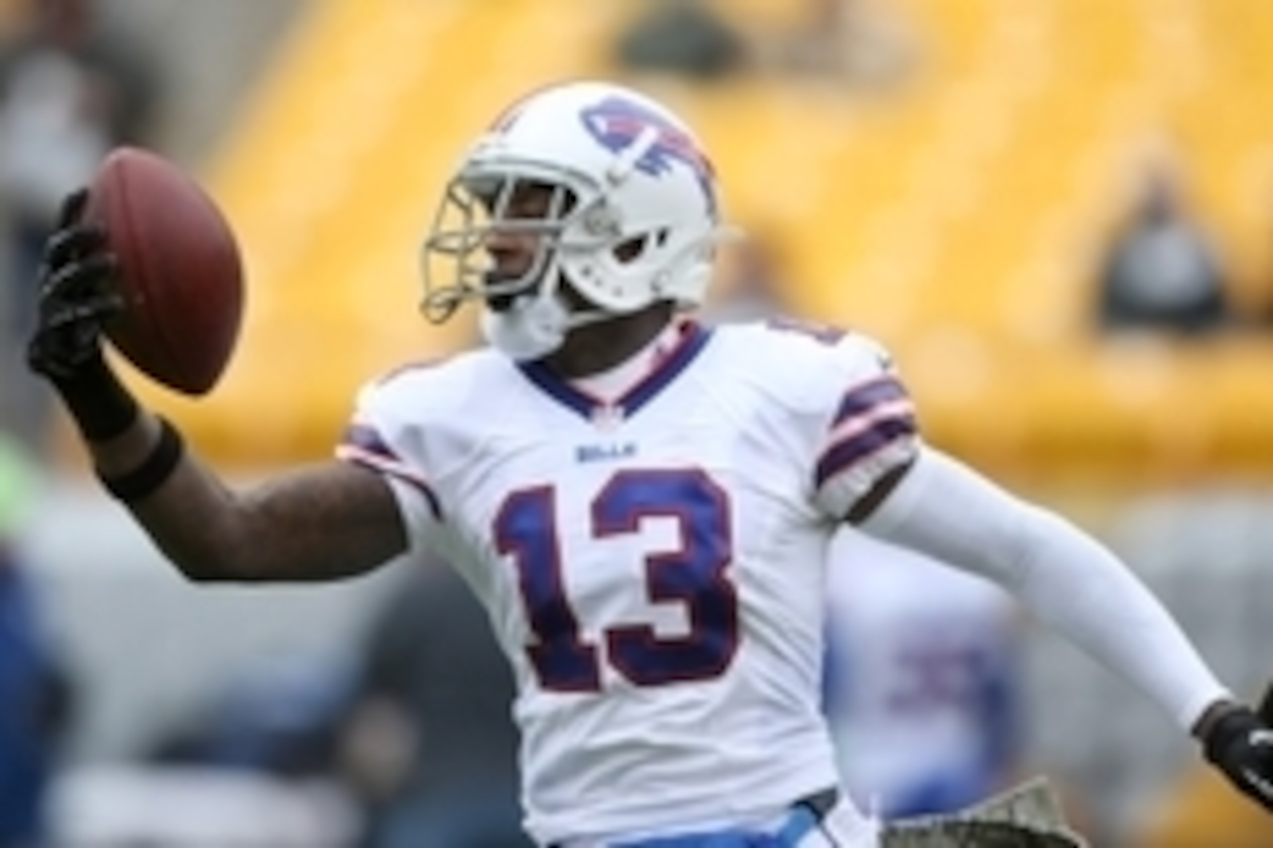 Nov 10, 2013; Pittsburgh, PA, USA; Buffalo Bills wide receiver Stevie Johnson (13) catches the ball during warm-ups prior to the game against the Pittsburgh Steelers at Heinz Field. Mandatory Credit: Jason Bridge-USA TODAY Sports Nov 10, 2013; Pittsburgh, PA, USA; Buffalo Bills wide receiver Stevie Johnson (13) catches the ball during warm-ups prior to the game against the Pittsburgh Steelers at Heinz Field. Mandatory Credit: Jason Bridge-USA TODAY Sports