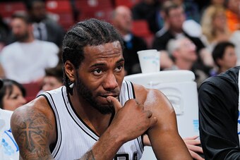 SACRAMENTO, CA - FEBRUARY 27: Kawhi Leonard #2 of the San Antonio Spurs looks on during the game against the Sacramento Kings on February 27, 2015 at Sleep Train Arena in Sacramento, California. NOTE TO USER: User expressly acknowledges and agrees that, b