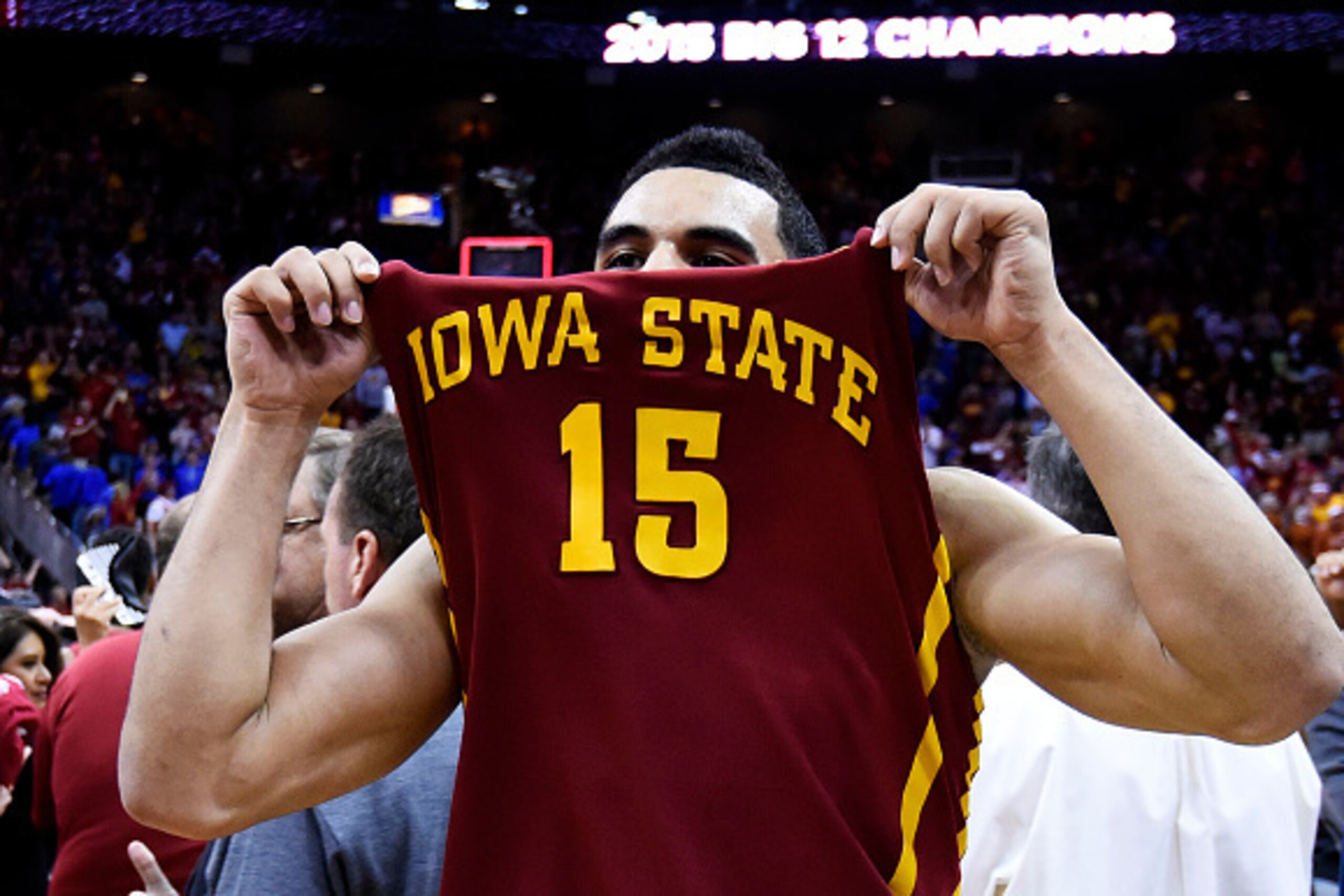 KANSAS CITY, MO - MARCH 14:  Naz Long #15 of the Iowa State Cyclones celebrates their 70 to 66 win over the Kansas Jayhawks during the championship game of the Big 12 Basketball Tournament at Sprint Center on March 14, 2015 in Kansas City, Missouri.  (Pho