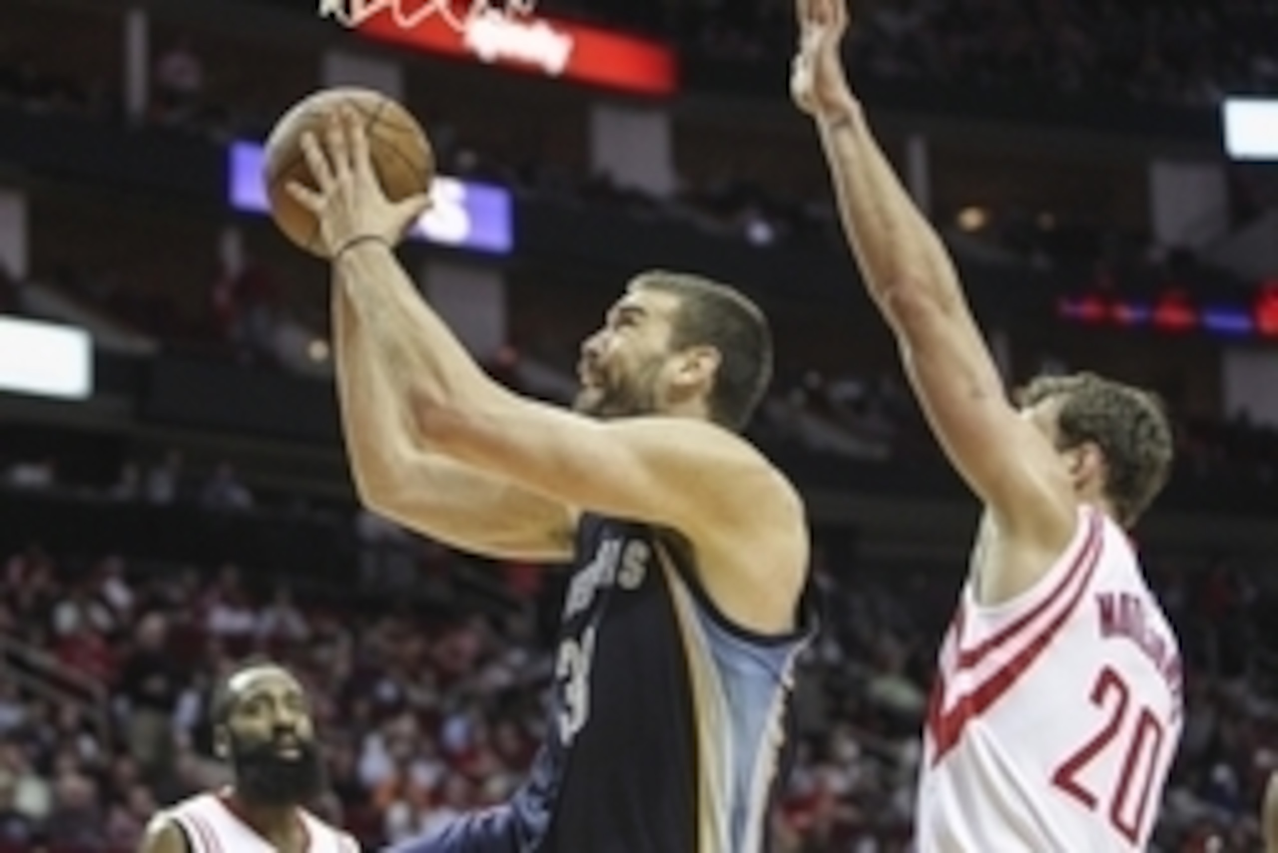 Mar 4, 2015; Houston, TX, USA; Memphis Grizzlies center Marc Gasol (33) takes the ball to the basket during the third quarter against the Houston Rockets at Toyota Center. The Grizzlies defeated the Rockets 102-100. Mandatory Credit: Troy Taormina-USA TOD