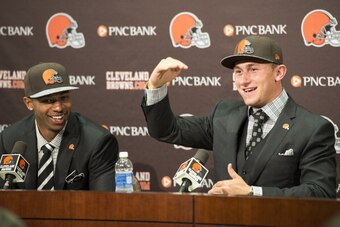 BEREA, OH - MAY 9: Cleveland Browns draft picks Justin Gilbert (L) and Johnny Manziel (R) answer questions during a press conference at the Browns training facility on May 9, 2014 in Cleveland, Ohio. Gilbert and Manziel were selected 8th and 22nd, respect
